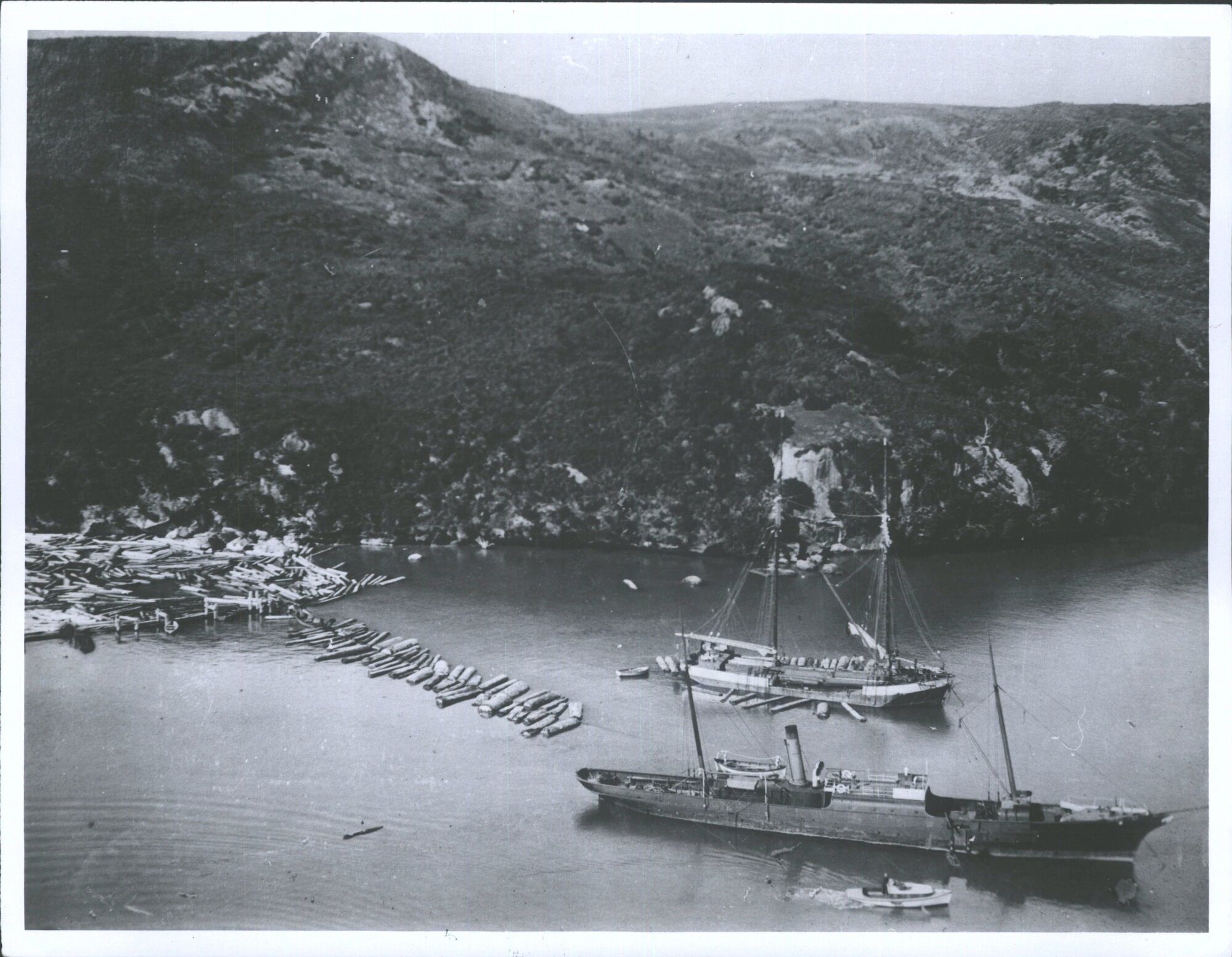 Raft of Kauri logs ready for towing to Auckland from Mercury Bay by the steamer "Stella" Also a scow Logs for Auckland where the