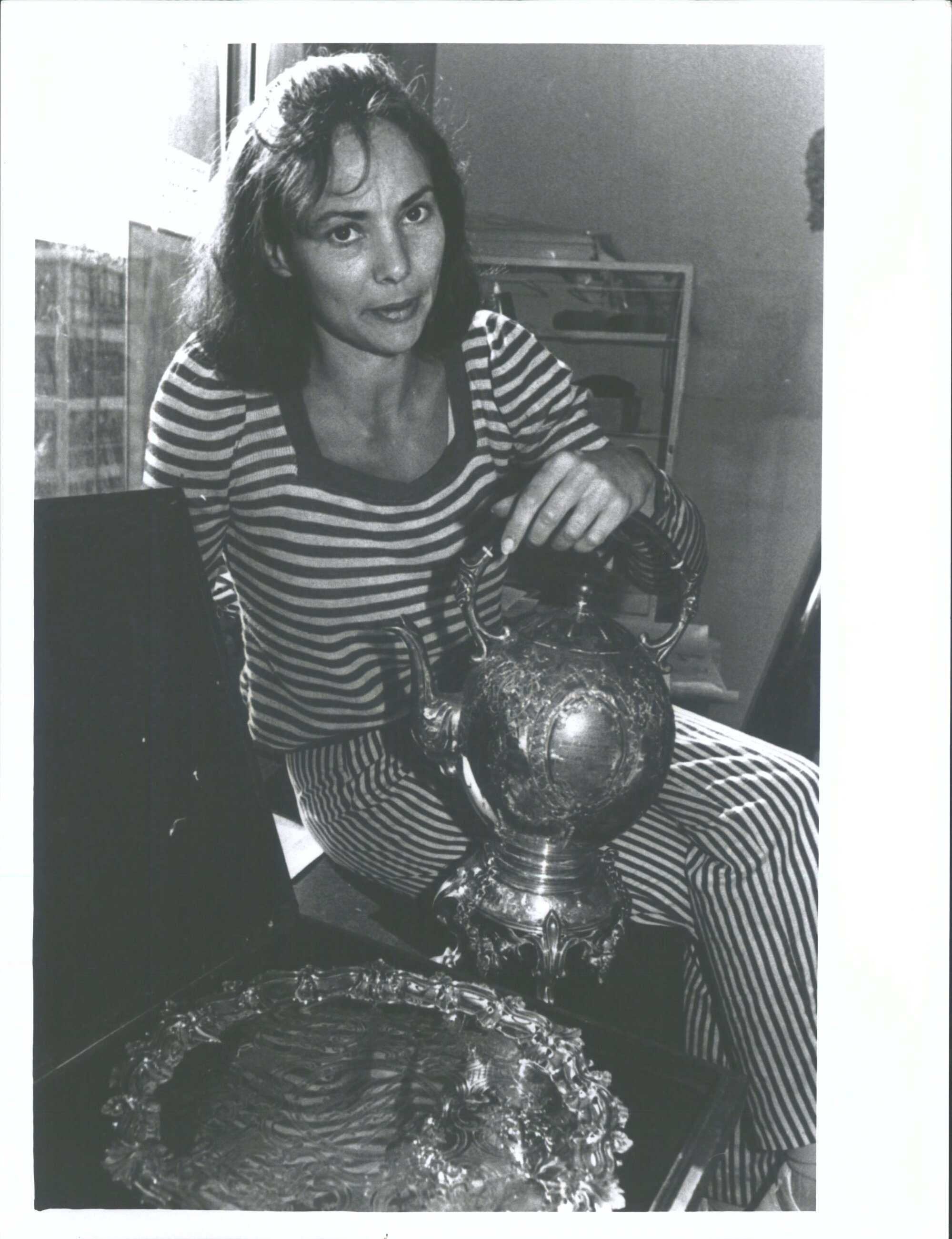 Hocken Library staff  Jan 1984  Rosemary Entwisle with silver donated by John Bathgate Estate on deposit in O.E.S.A