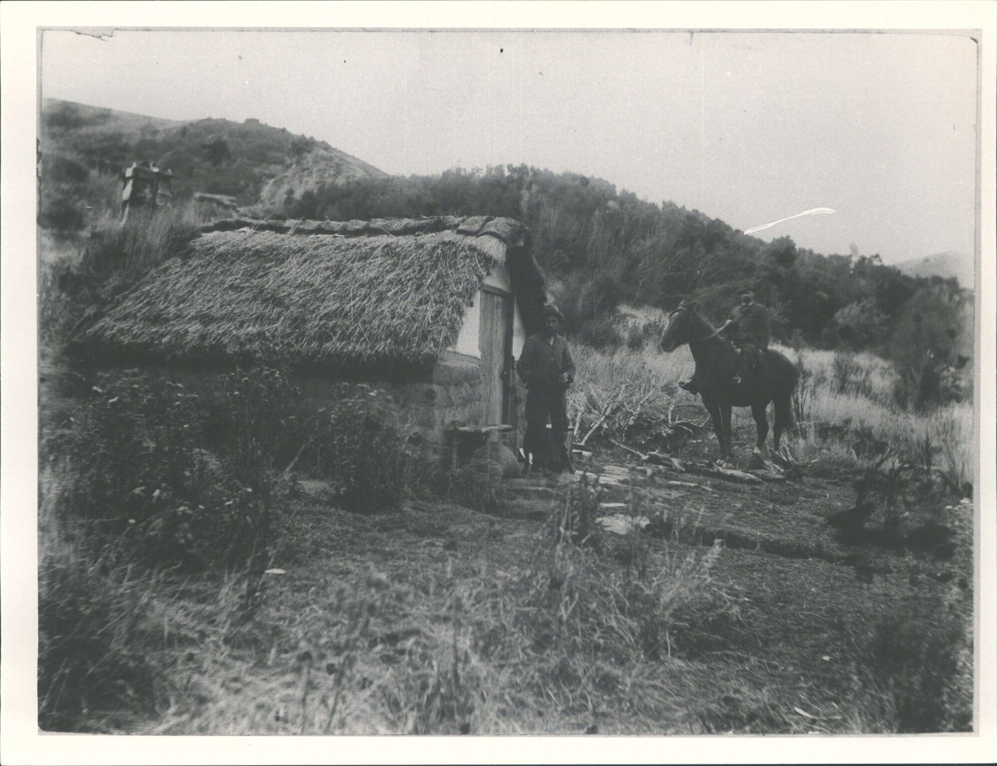 A Prospectors Hut. Terrytown near Beaumont ca 1890 Sam Shearer, prospector by hut, A. Donaldson on horse