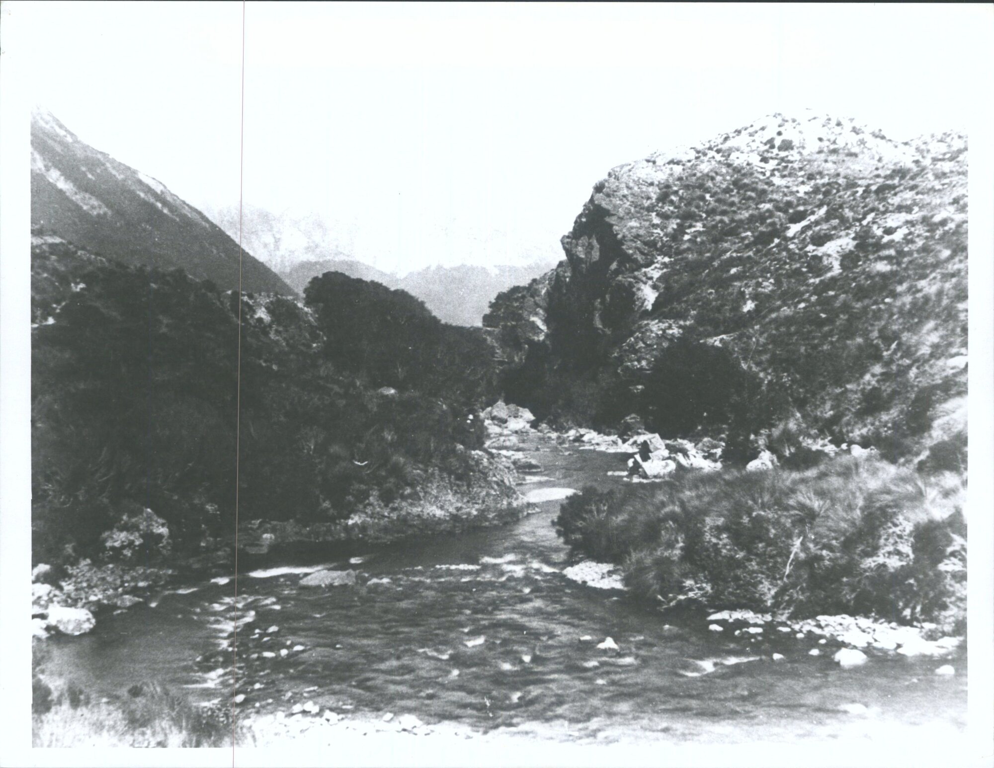 "Looking down a small gorge in the Greenstone Valley just above confluence of the High Burn - The cliff in centre of picture is