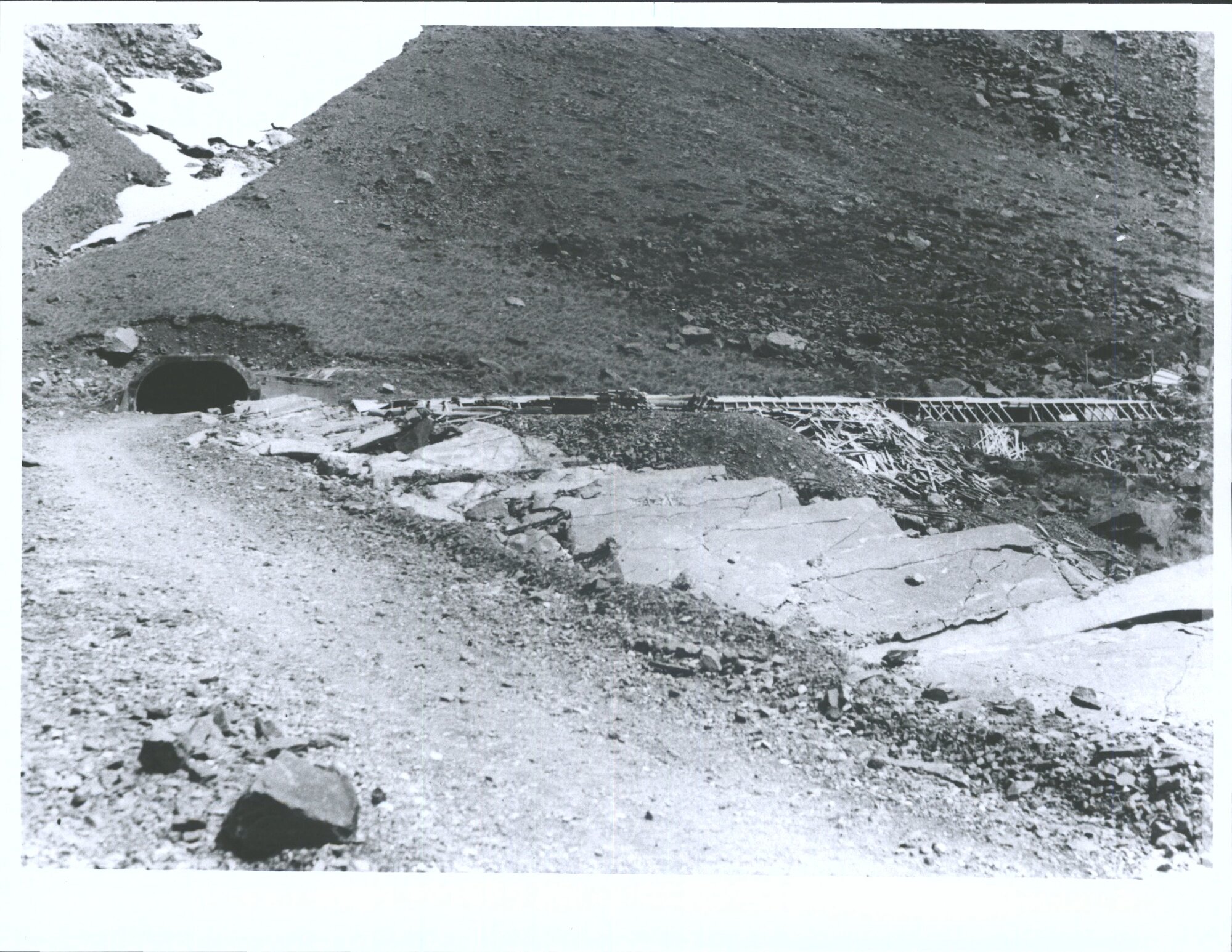 "Concrete approach to Tunnel crushed fiat, looking north at Tunnel entrance" Dunedin Naturalists Field Club trip [past 1940?]