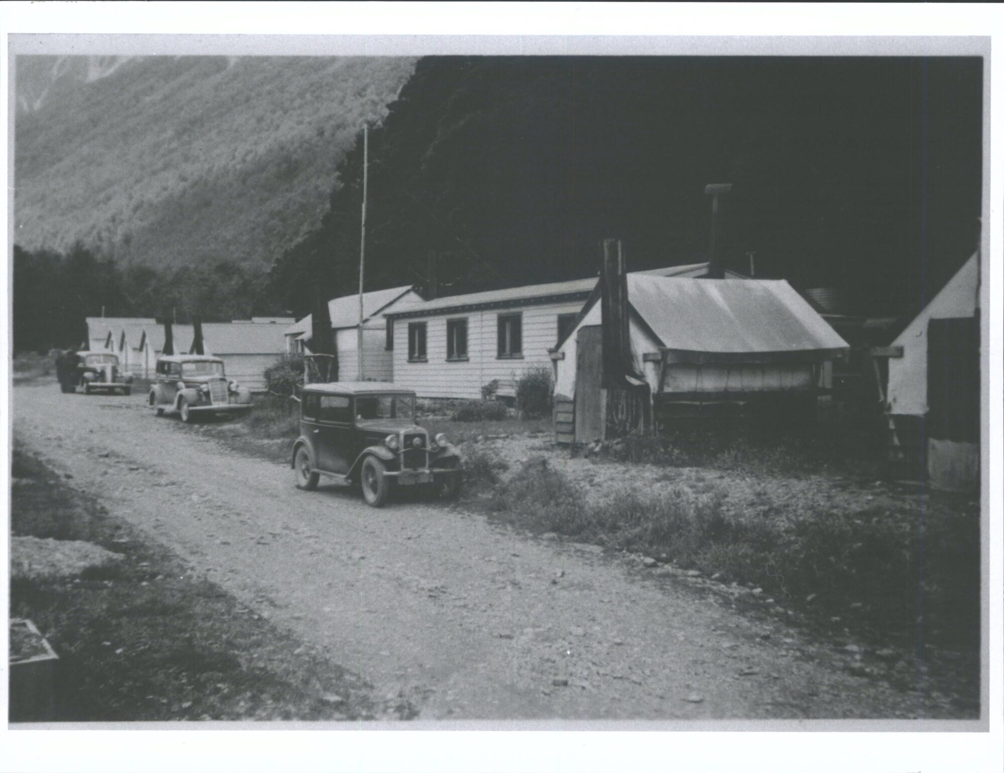 The back Street of Cascade Camp, where we had Christmas lunch. The big wooden building is the dining room. Looking up the Egli