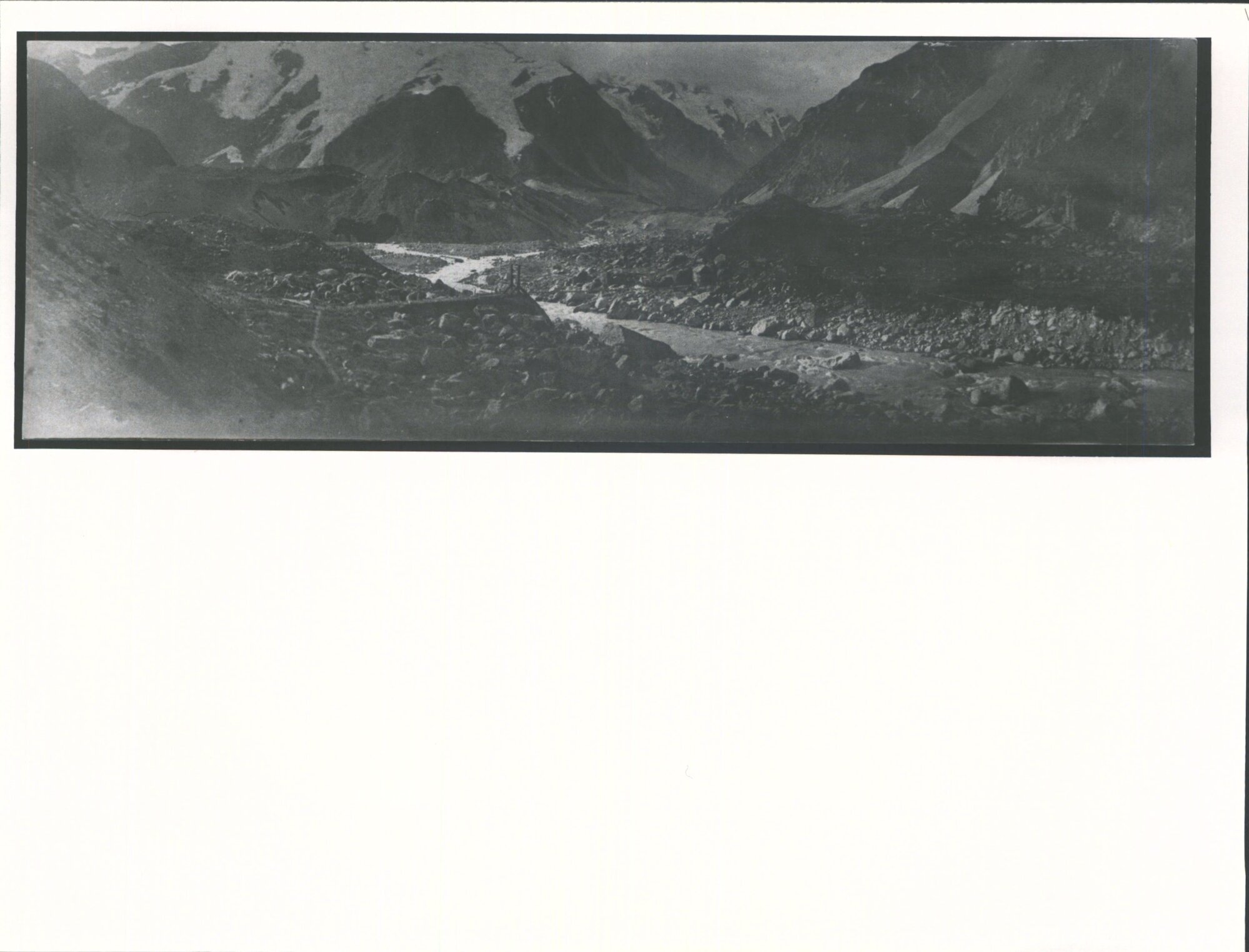 Suspension Bridge  Face of Mueller glacier in middle left hand with start of Mueller running into Hooker. Stocking glacier with