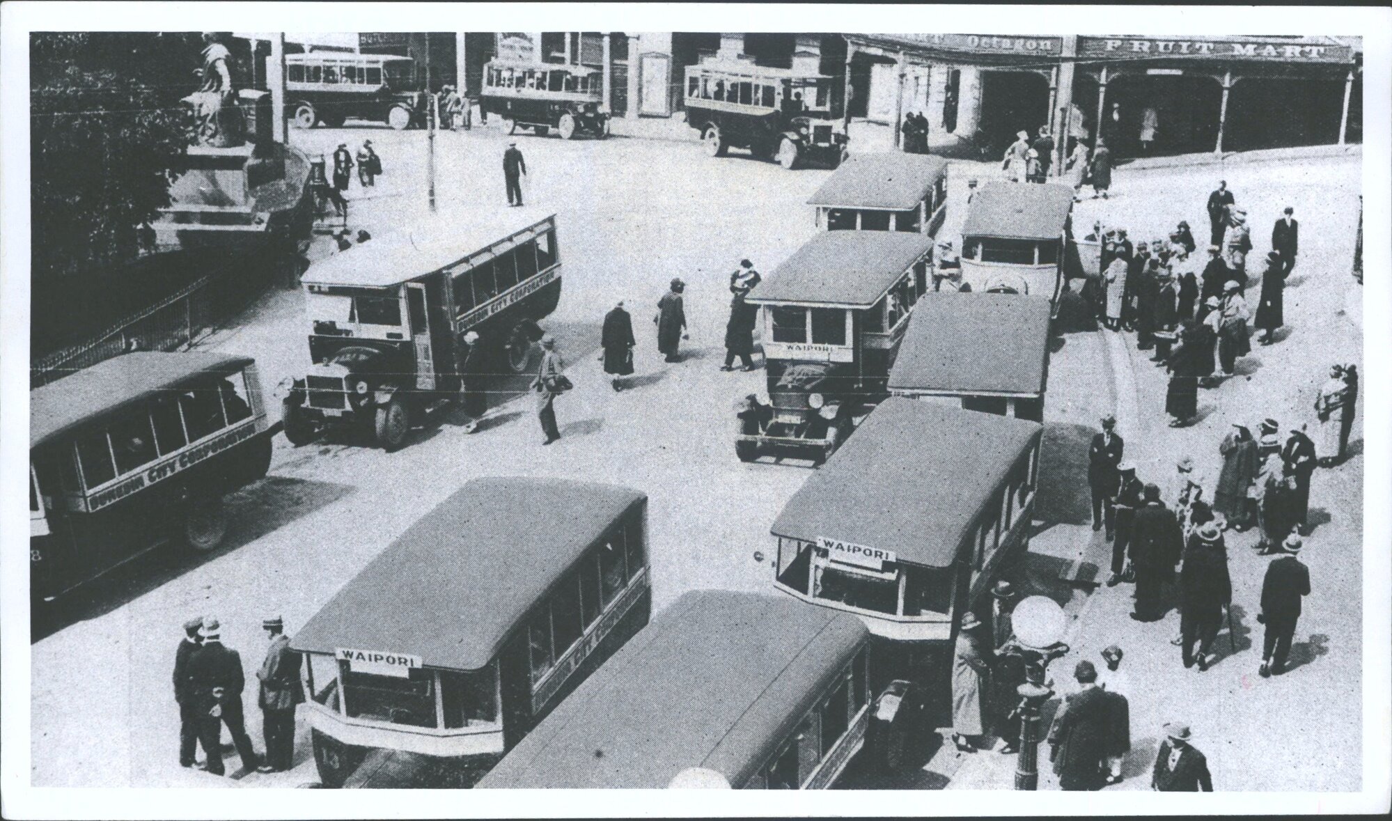 Buses. Dunedin C.C. buses leaving the Octagon for Waipori