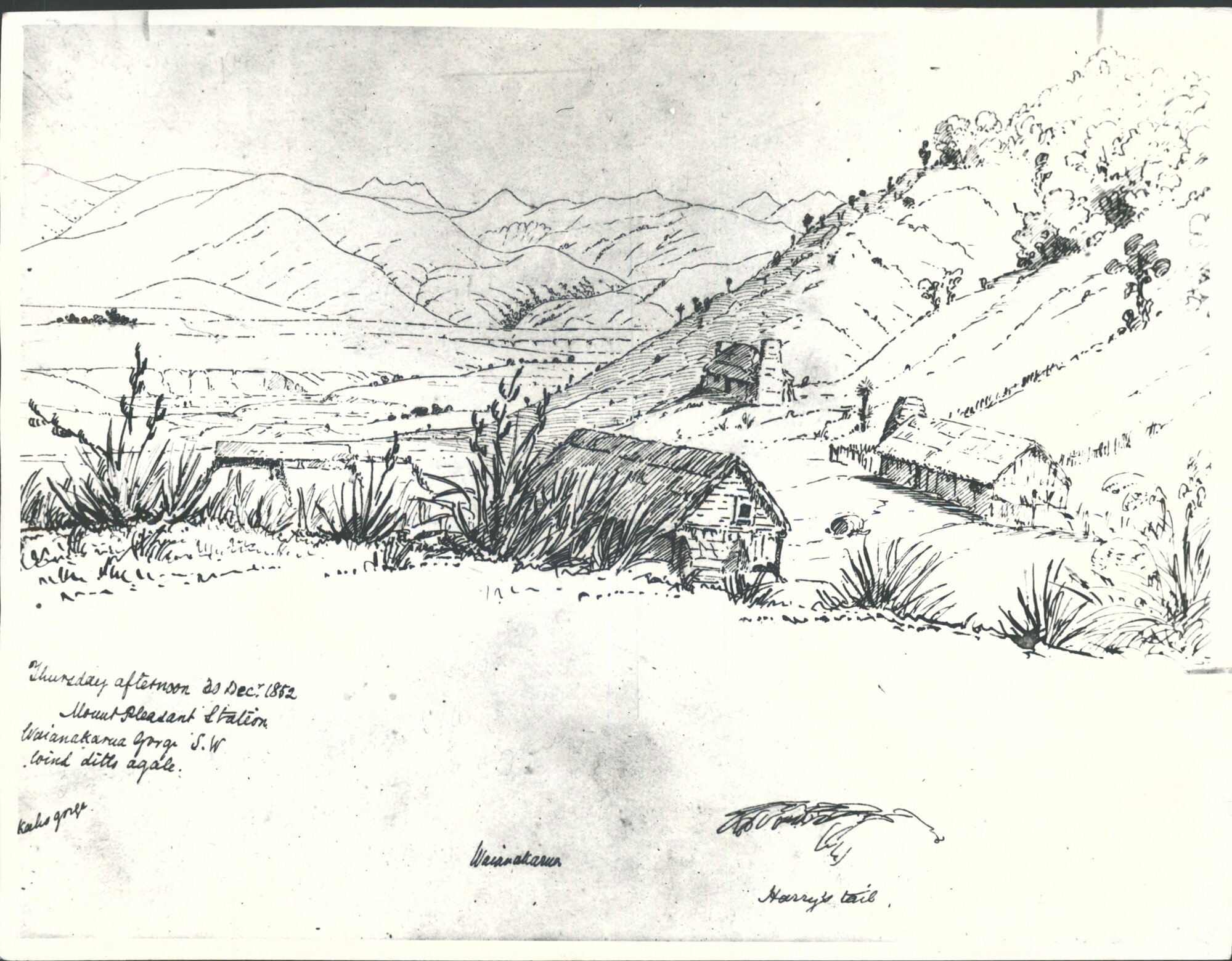"Thursday afternoon 20 Dec" 1852. Mount Pleasant Station Waianakarua Gorge S. W. Wind ditto a gale."