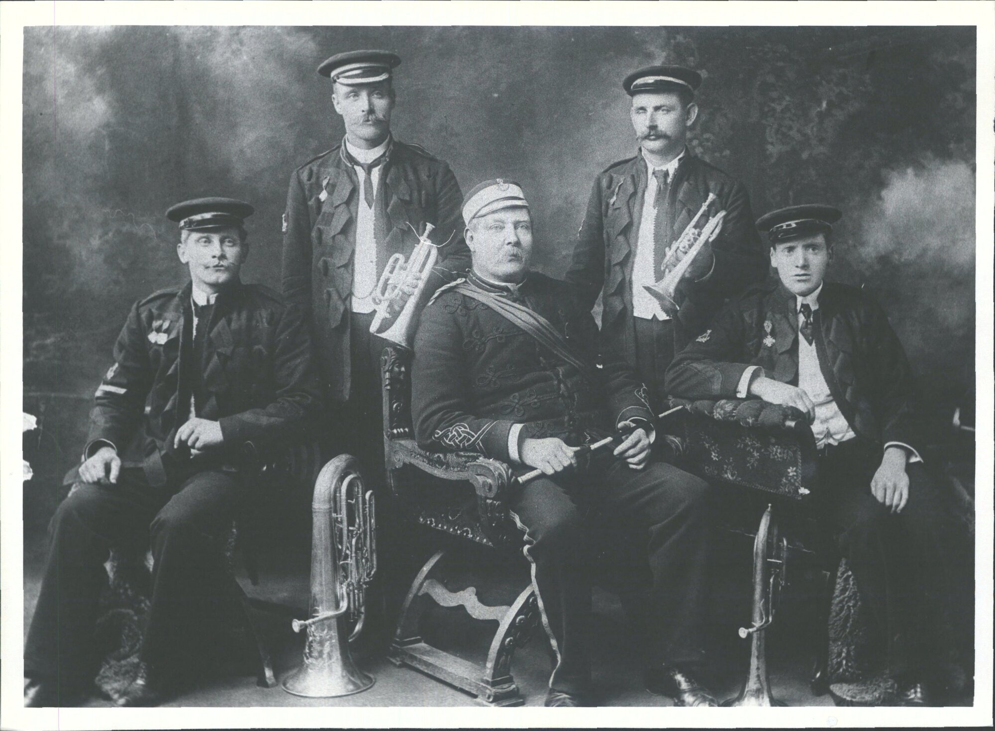 L. J. Churchill, W. Bringans, J. E. Gallie, R. Fraser and guest Conductor Mr Cook of the Dunedin Citizens' Band.