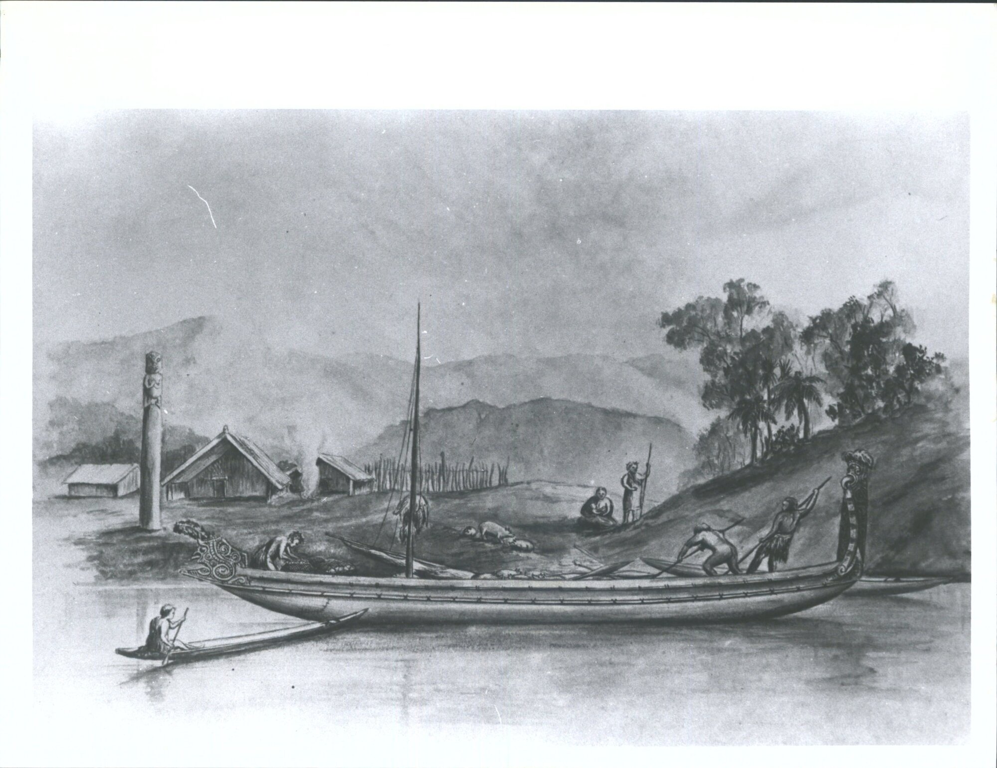 "Photo of Copy, by A. T. Downes, of one of Gilfillian Pencil Sketches of a canoe on Whanganui River
