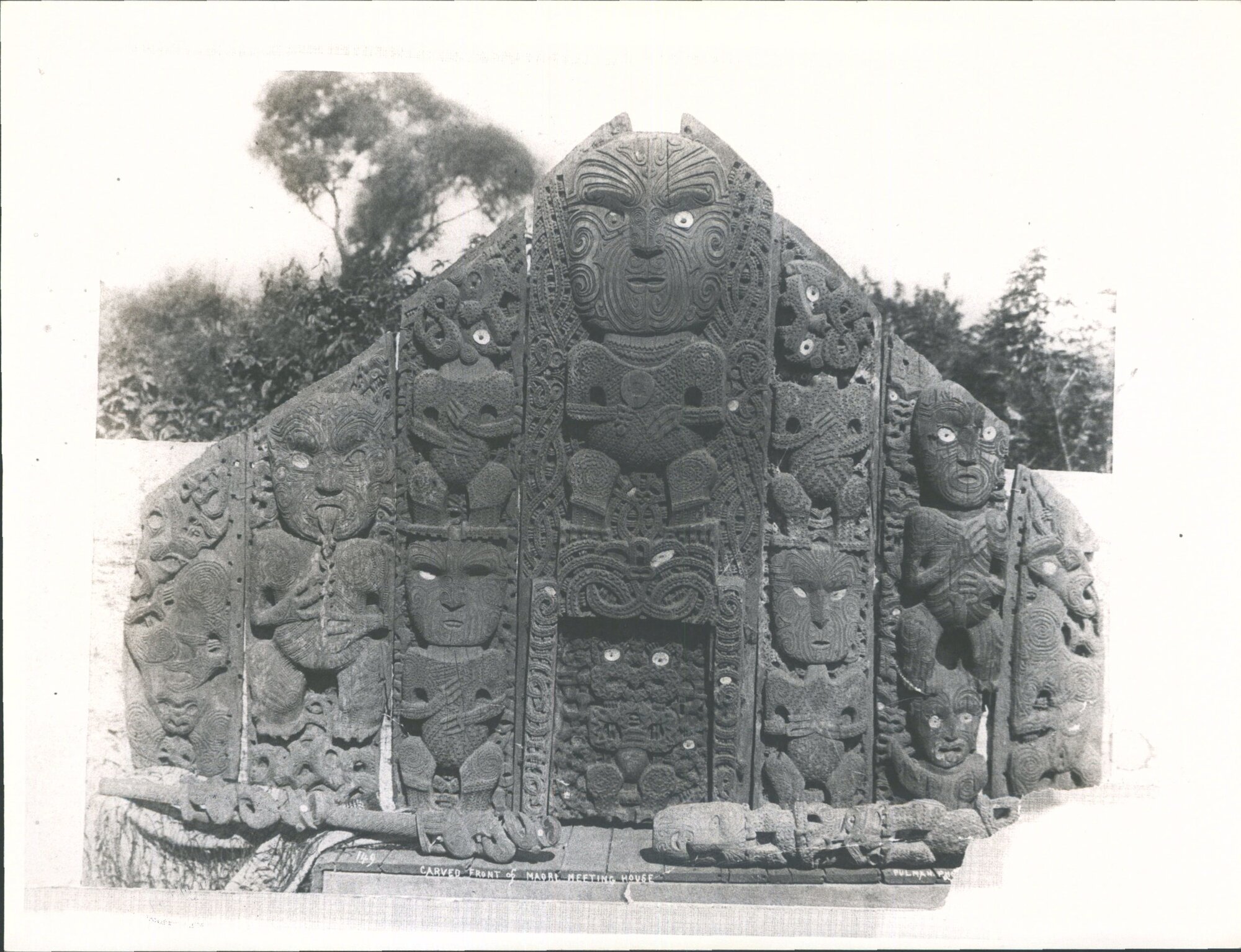 Carved front of Maori meeting house