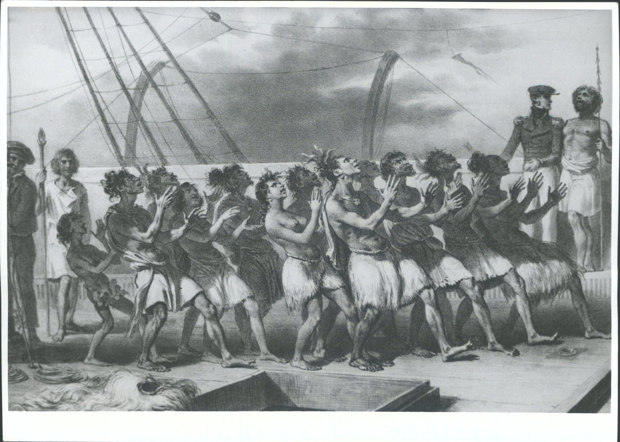 Baie Houa-Houa.  Naturels executant une danse a bord de l'Astrolabe.