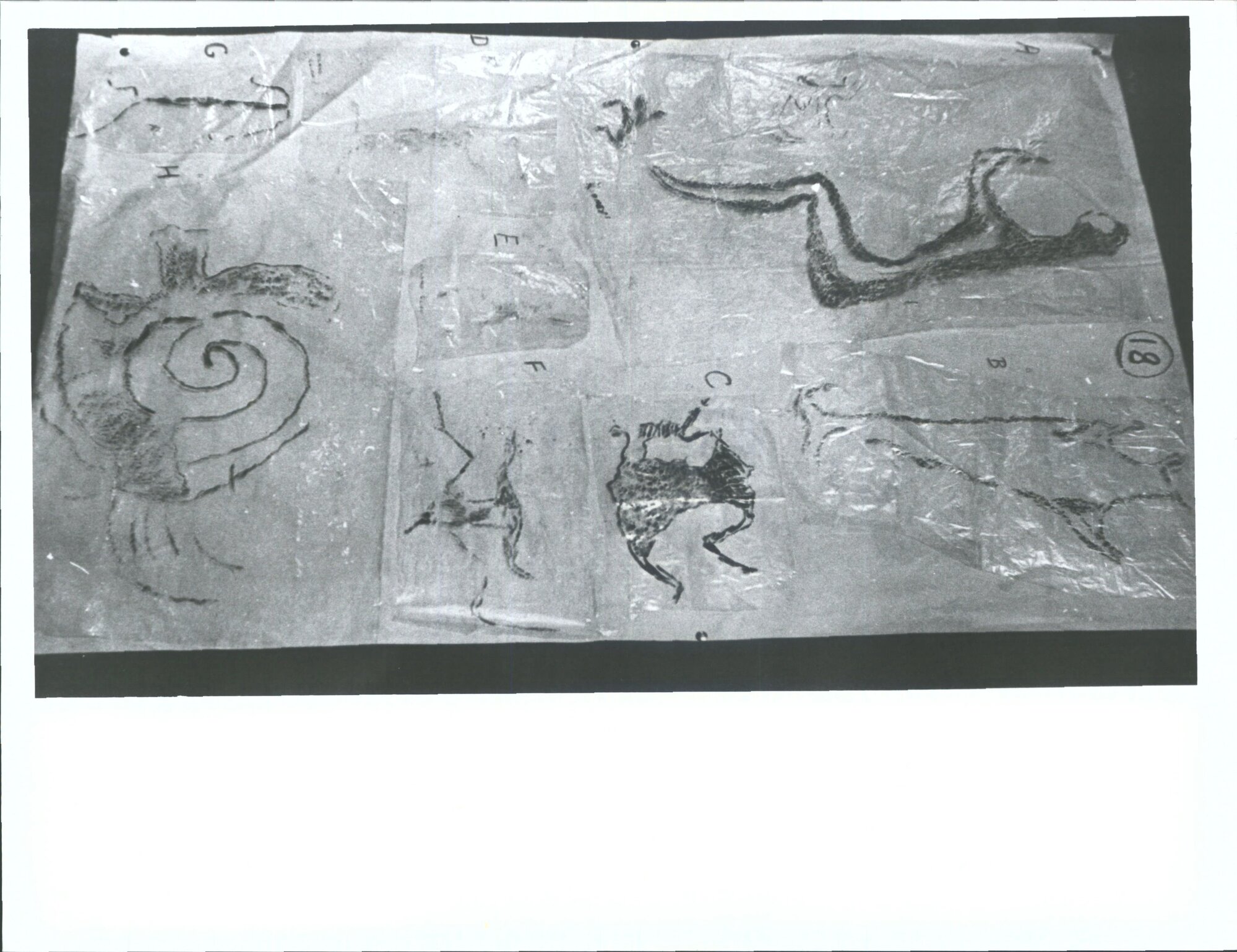 Sheet 18"A. Typical sitting human figureB. Stylised aquatic formC. Human formD.  E. Human formsF. Human figureG. Typical h