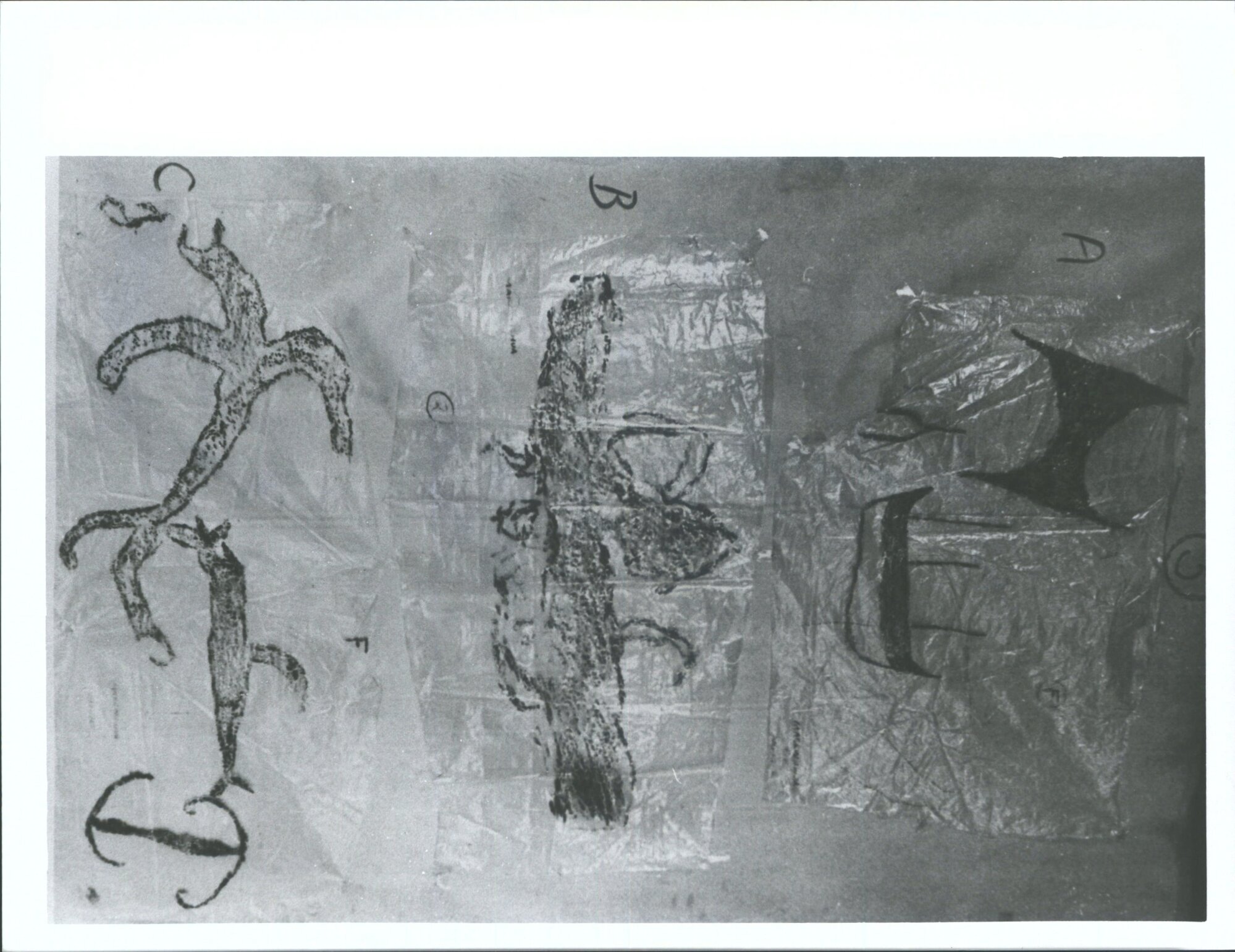 Sheet 5"A. Two stylised human formsB. Stylised predatorC. Stylised design of Fish."