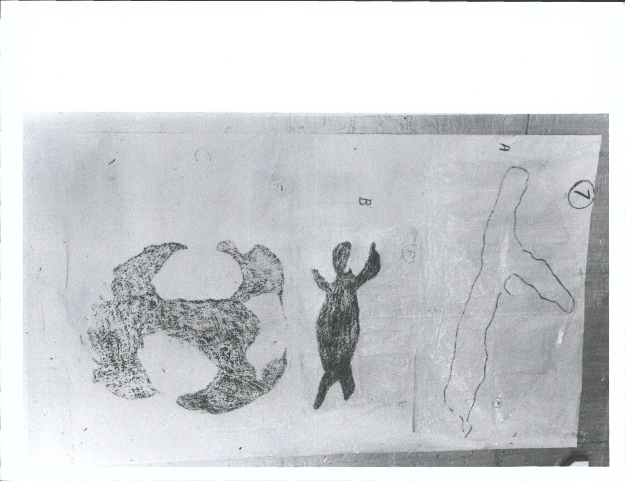 Sheet 7"A. Stylised fish designB. Stylised fish designC. Stylised crescentic humanoid form".