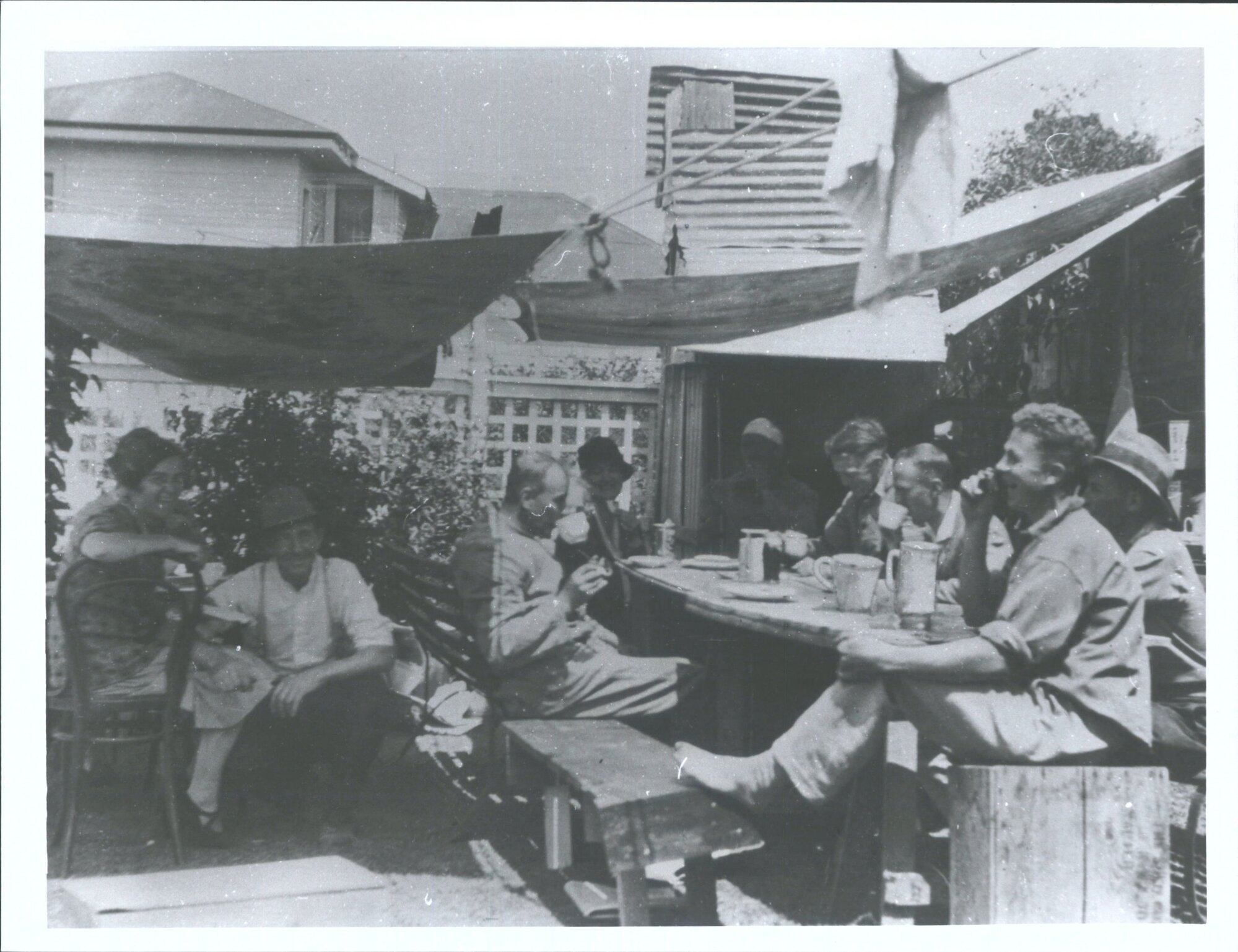 "Canteen in private garden showing how survivors have adapted themselves note bush store &amp; Chimney"