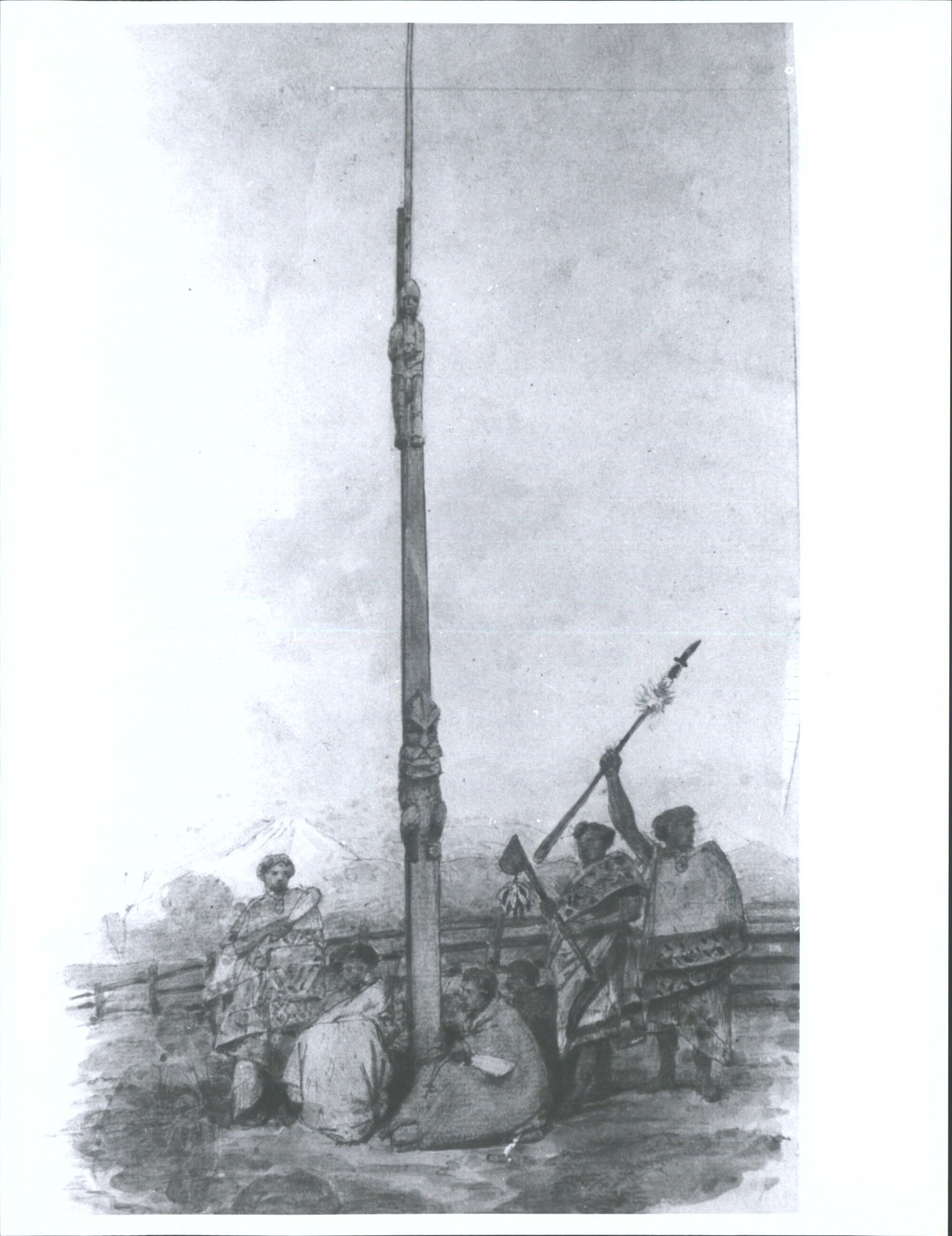 Pole at Fitzroy near New Plymouth - original sketch by Strutt [William] in Turnbull Library'