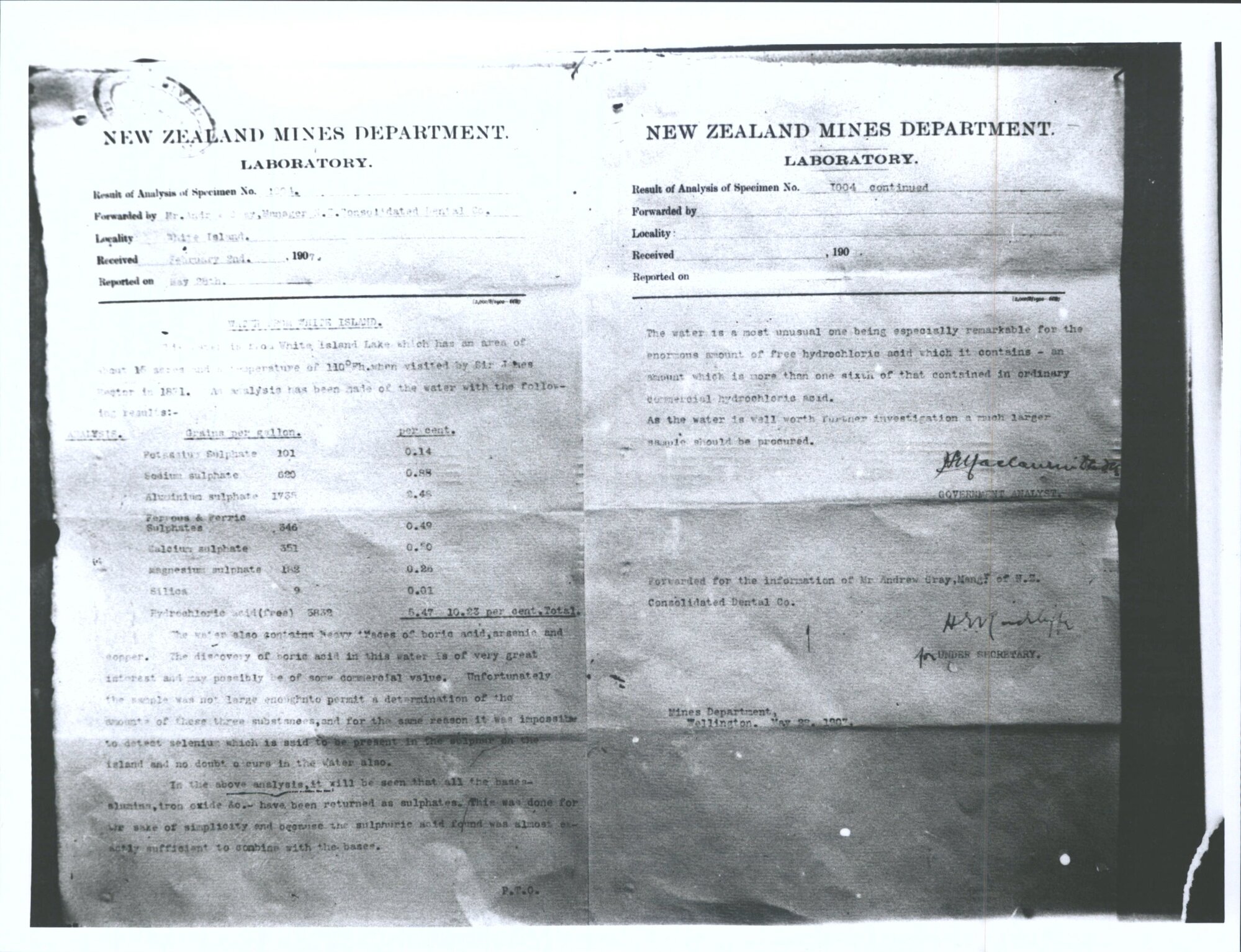 Analysis of water from lake by New Zealand Mines Department