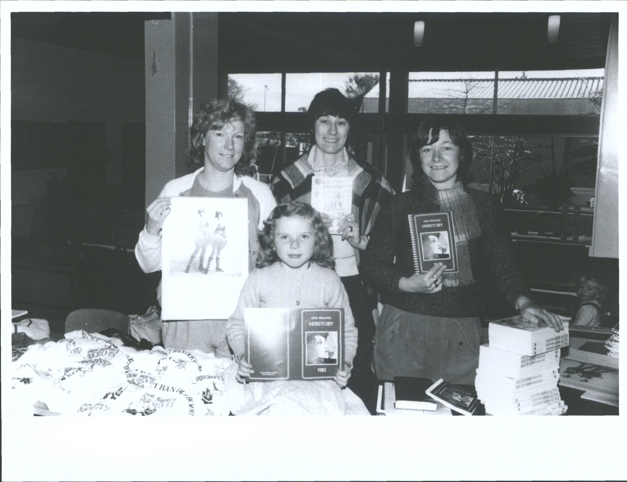 Kitty W Short, Kate W, Sarah Calvert, Wendy Harrex. Launch of Healthy Women by Sarah Calvert Auckland 1982 Sep. Beginning of NWP