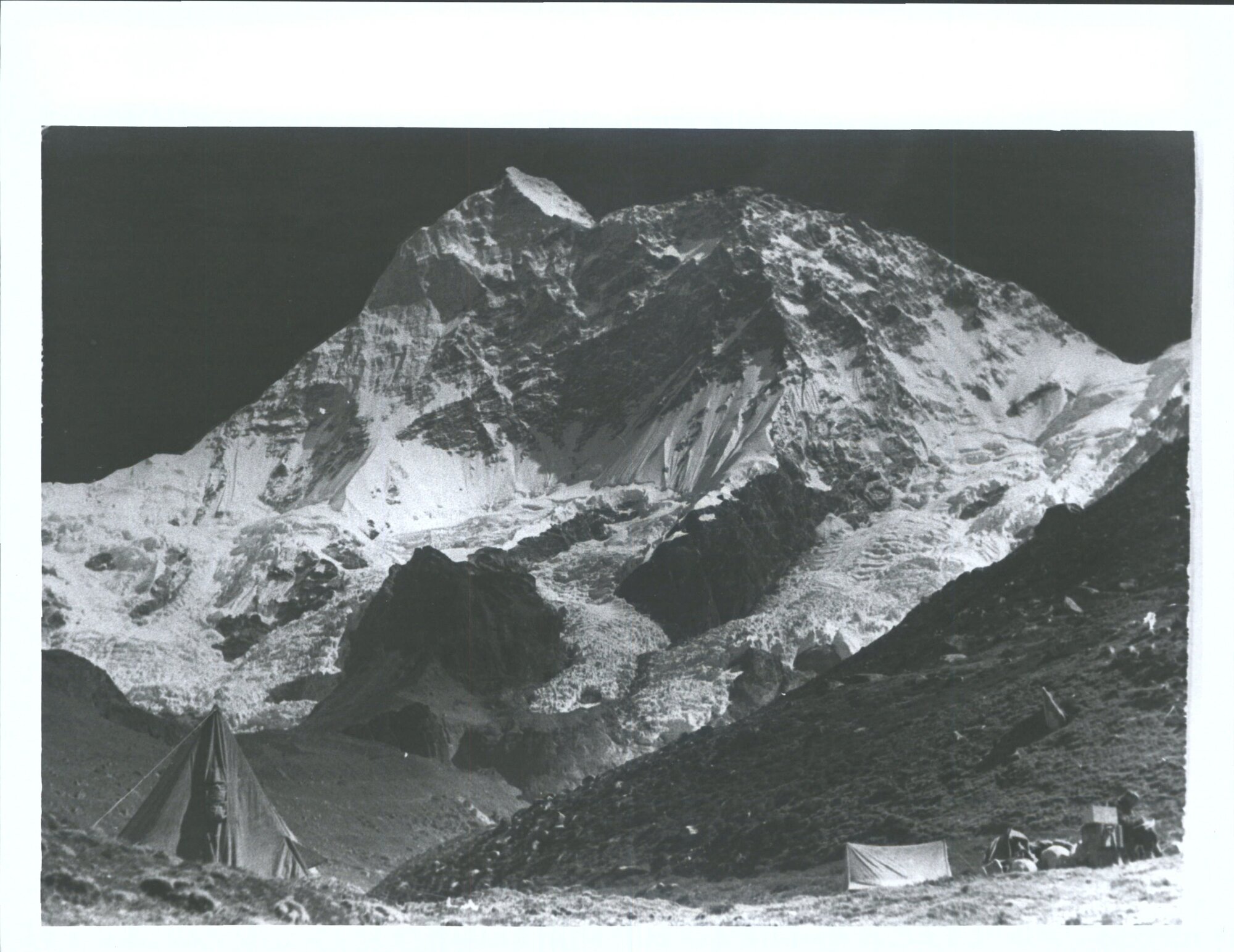 "The expedition established its base camp at a height of 15,500' in Barun Valley and pitched their tents on a mossy ridge beside