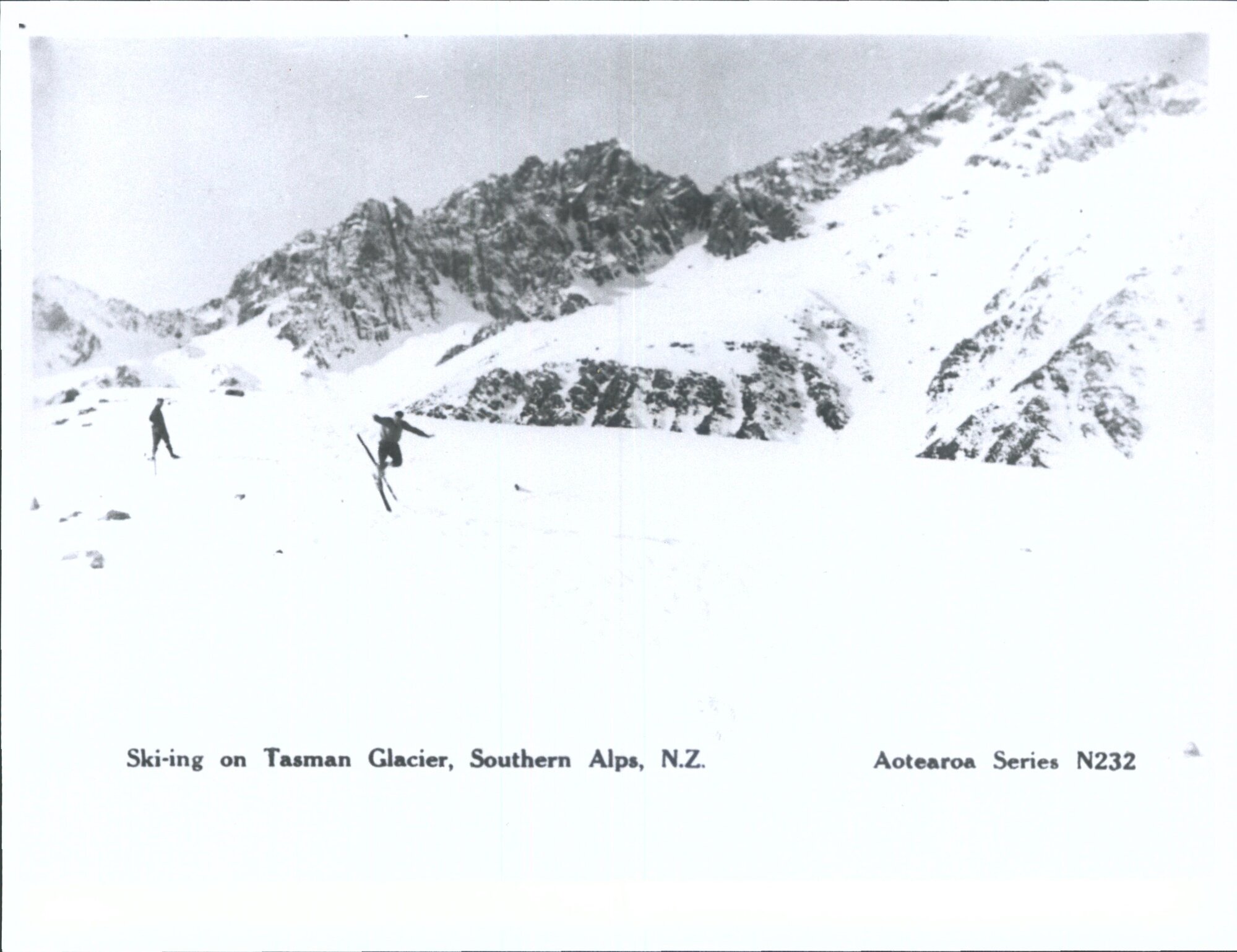 Ski-ing on Tasman Glacier, Southern Alps, N.Z.
