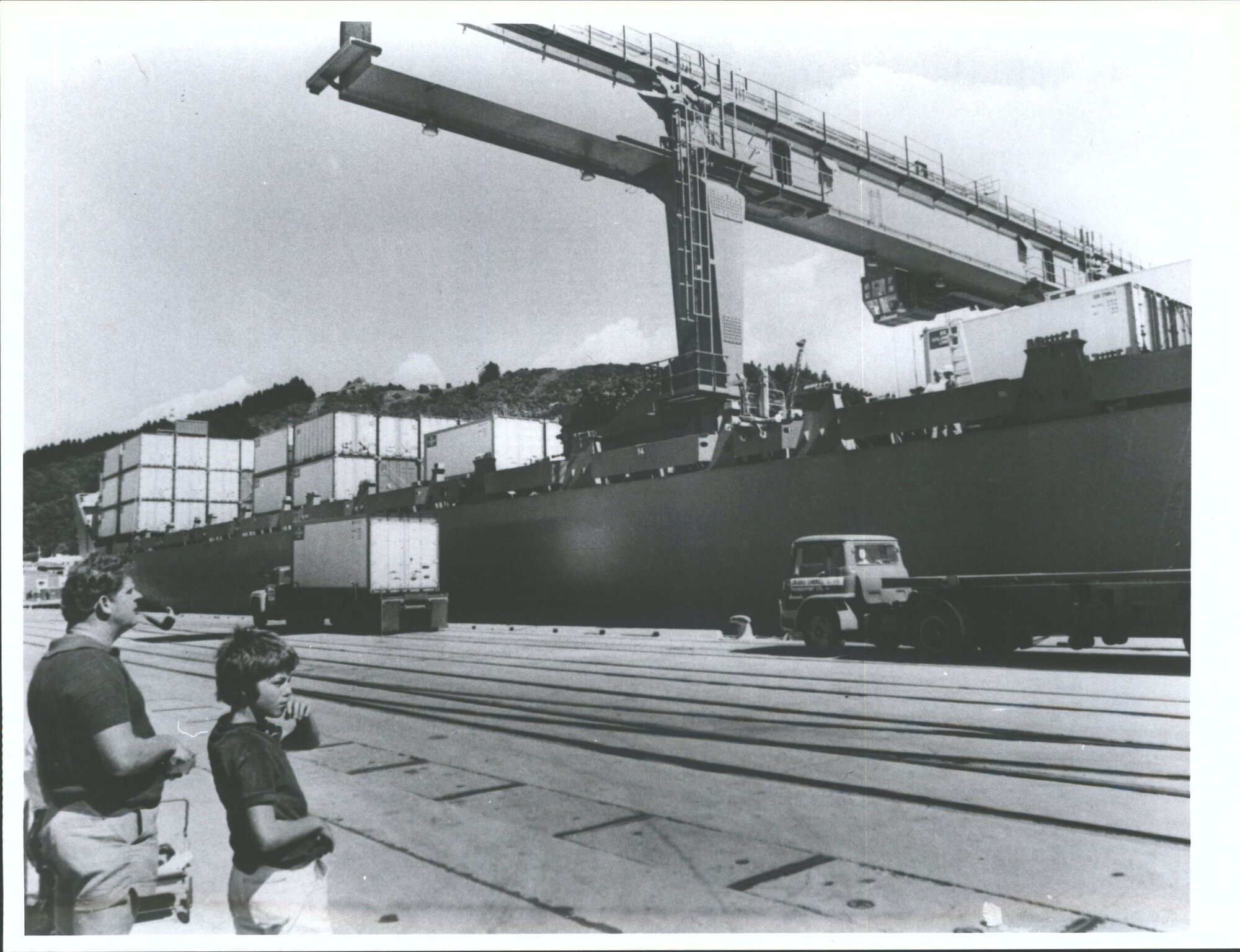 Using the large shipboard crane ... Columbus America