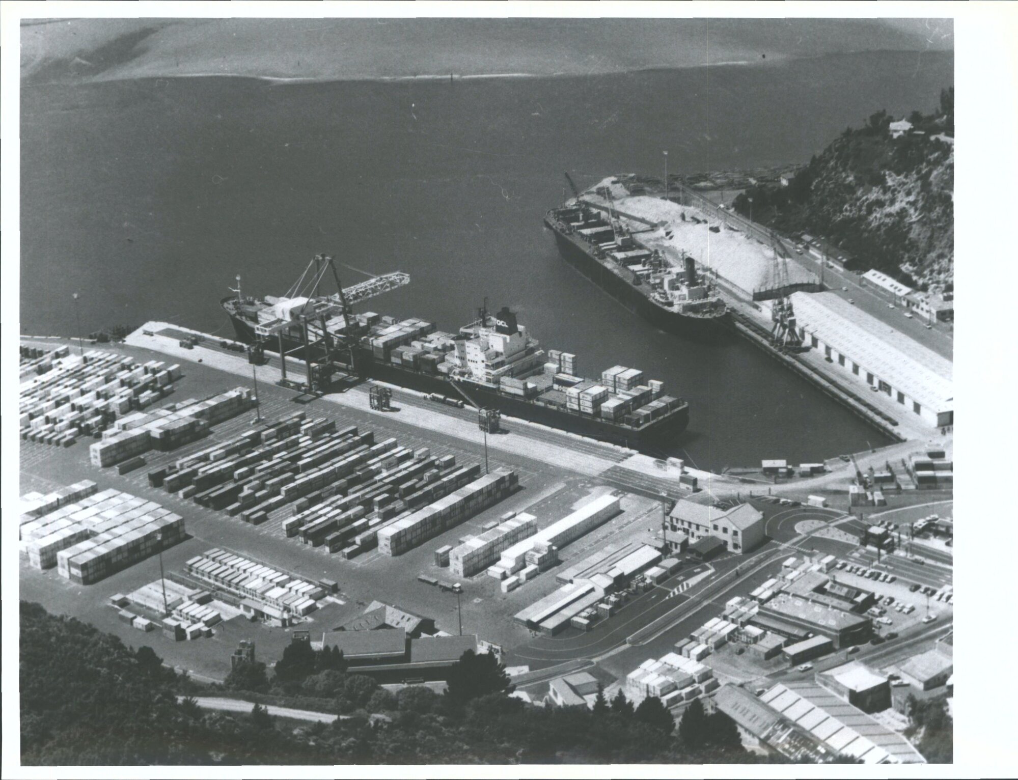 "Resolution Bay" at Container Berth (44000 tons) "Taikai Maru" loading woodchips at Beach Street Wharf (32000 tons)