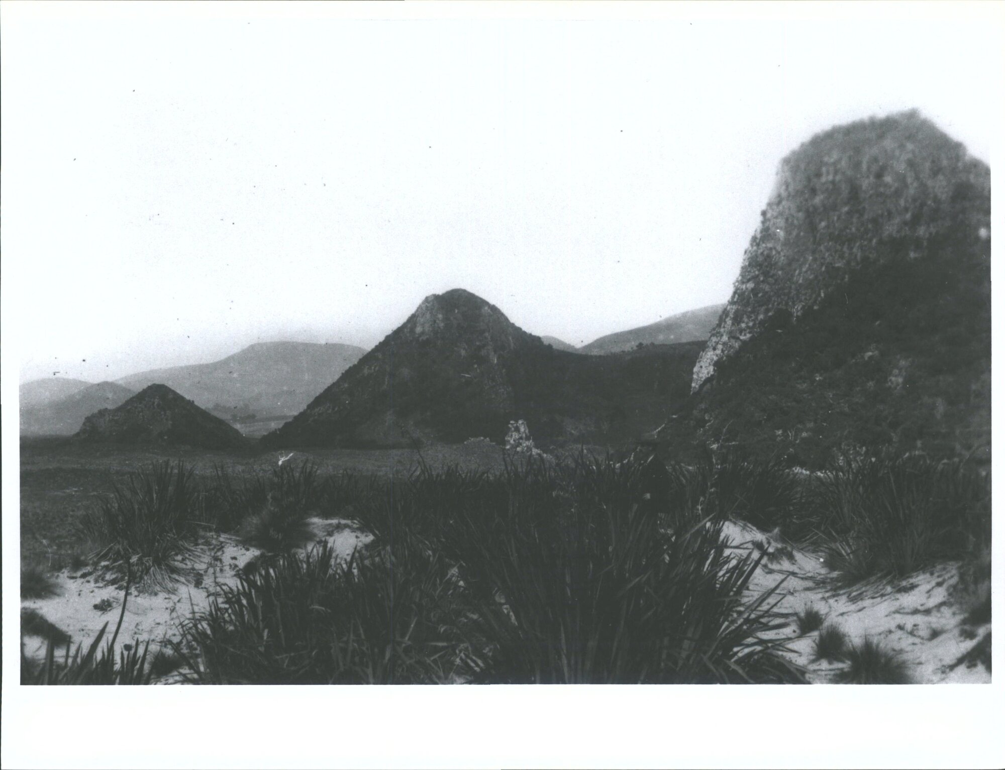 Kapuketereti Flat. The three pyramids and sphinx lying inland from wickliffe Bay and Papanui inlet, Otago Peninsula'