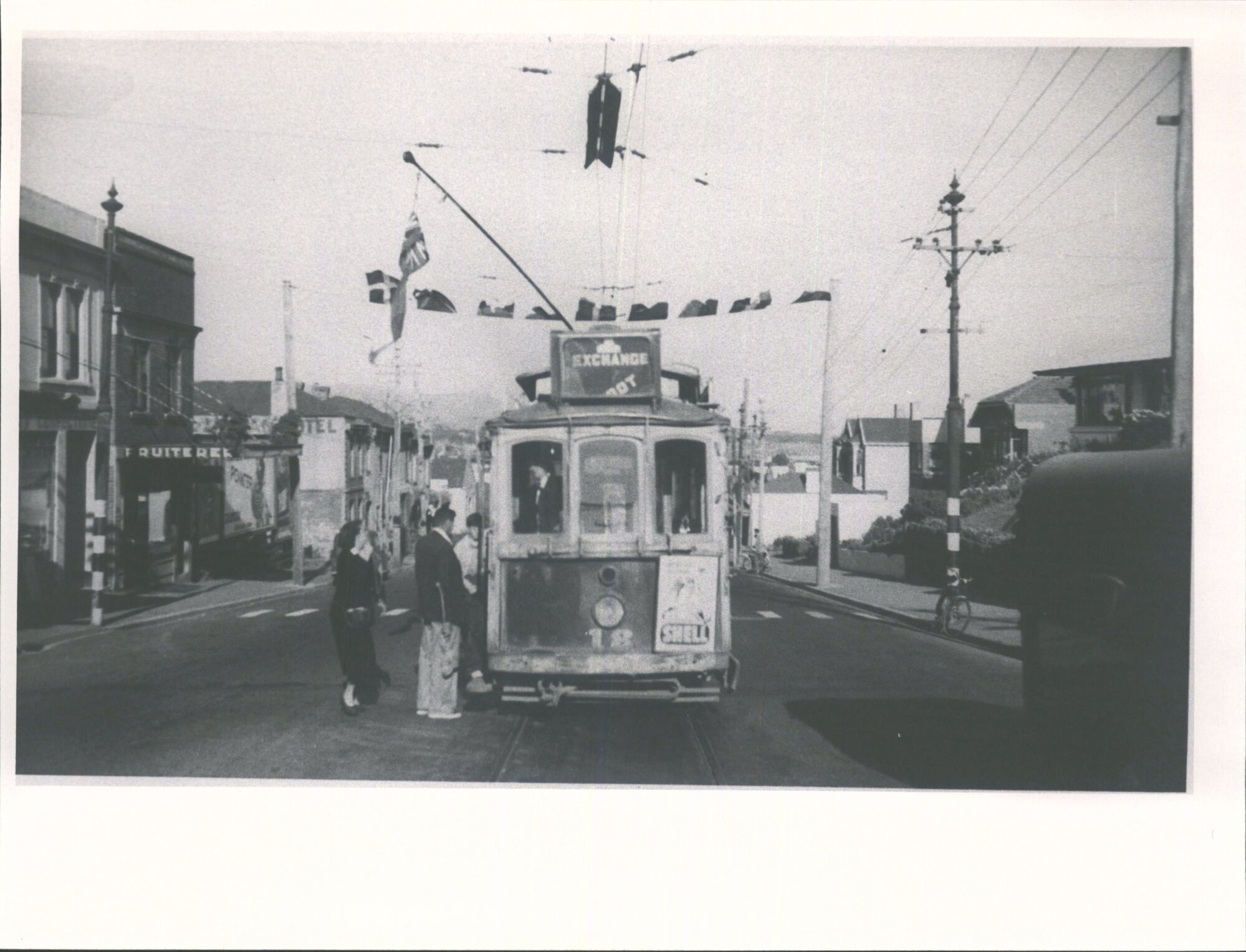 Tram in Caversham, Dunedin during Royal Visit, January 1954