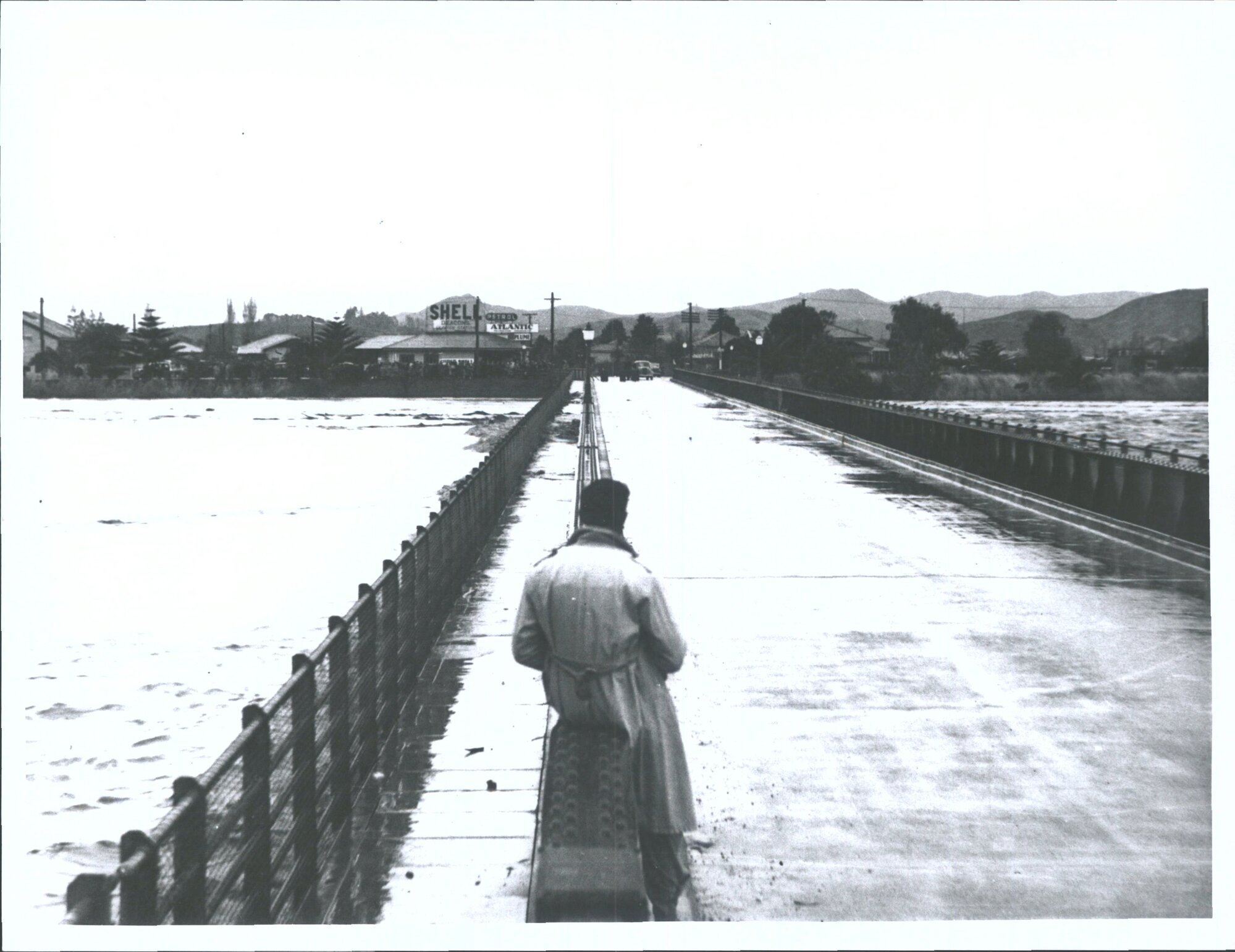Flood waters swilling around the Wairoa Bridge