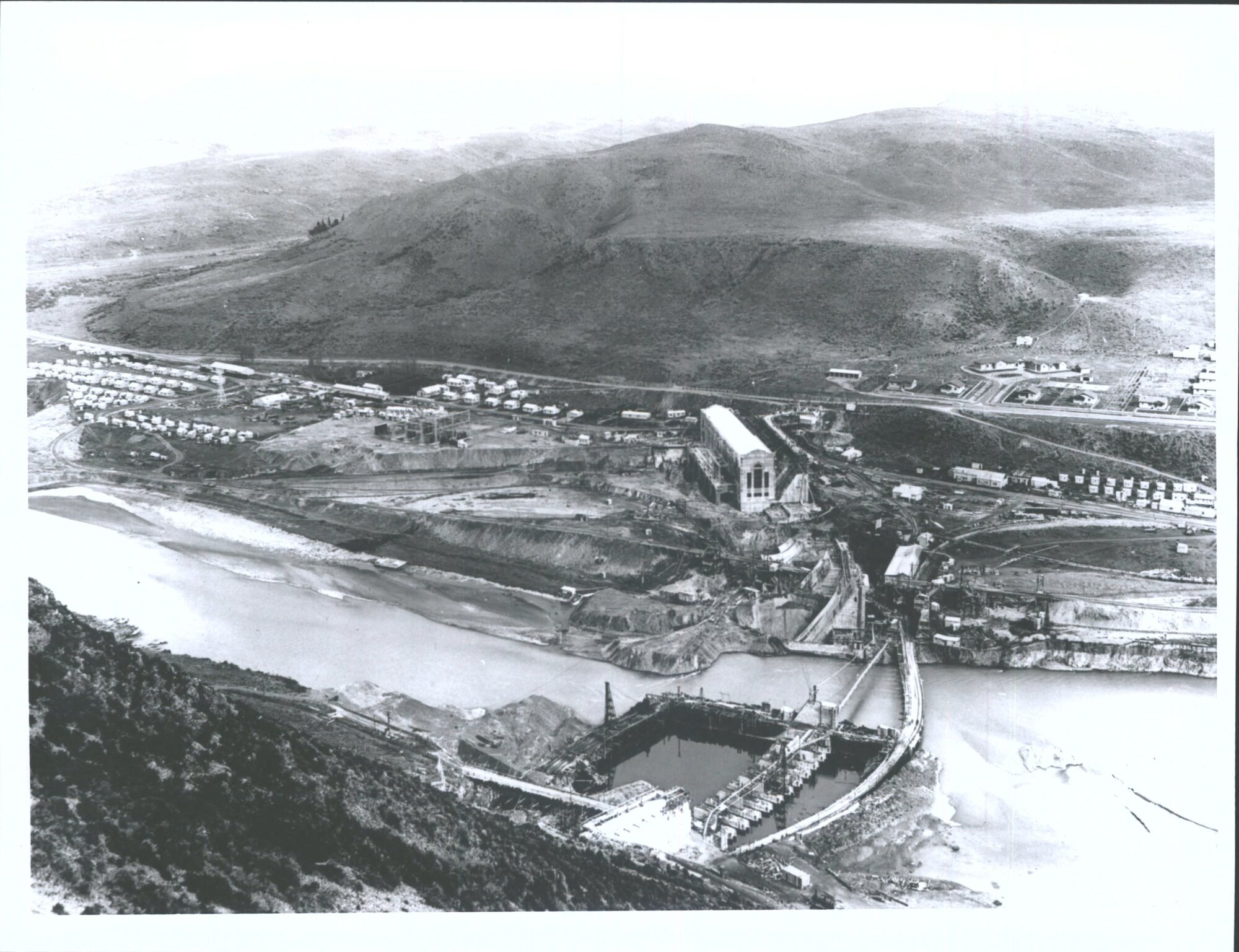 Waitaki Power Scheme - Bird's eye view of works from Canterbury side