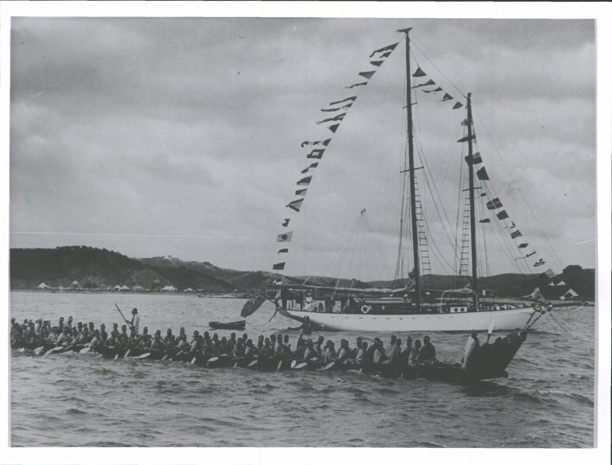 Sir Ernest Davis's Yacht Moerewa and the big Maori canoe