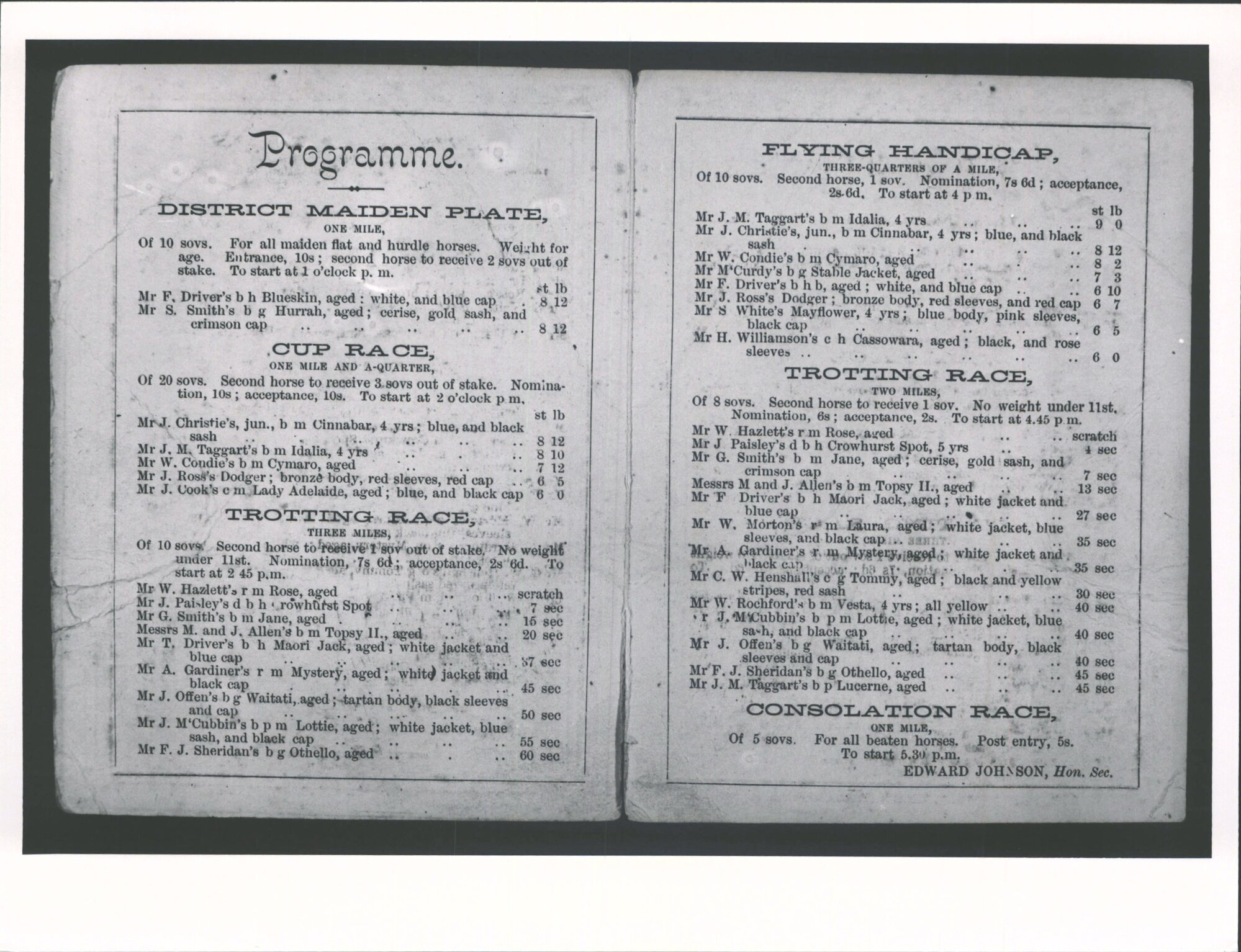 Blueskin Jockey Club - interior spread of race card
