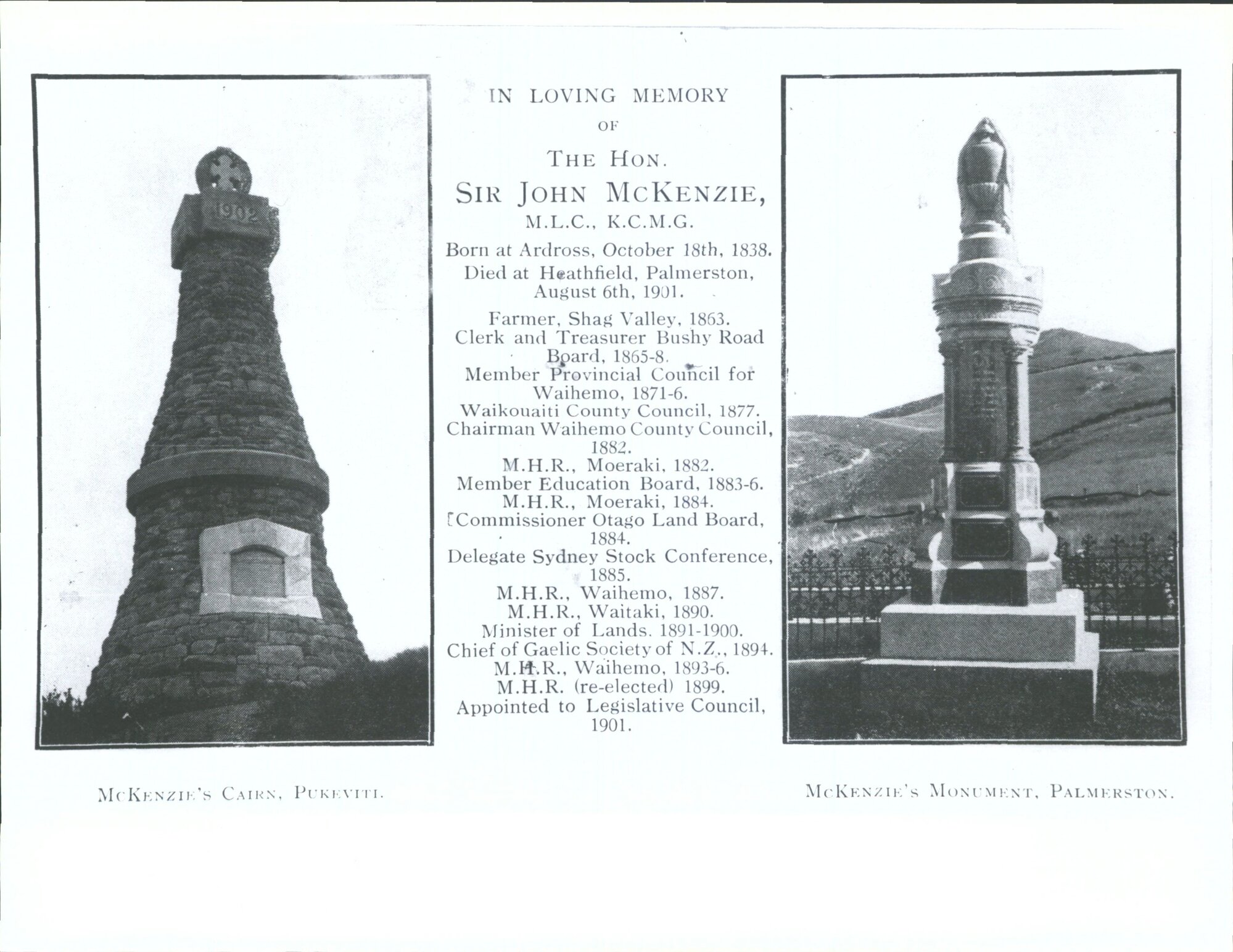 McKenzie's Cairn, Pukeviti. McKenzie's Monument, Palmerston