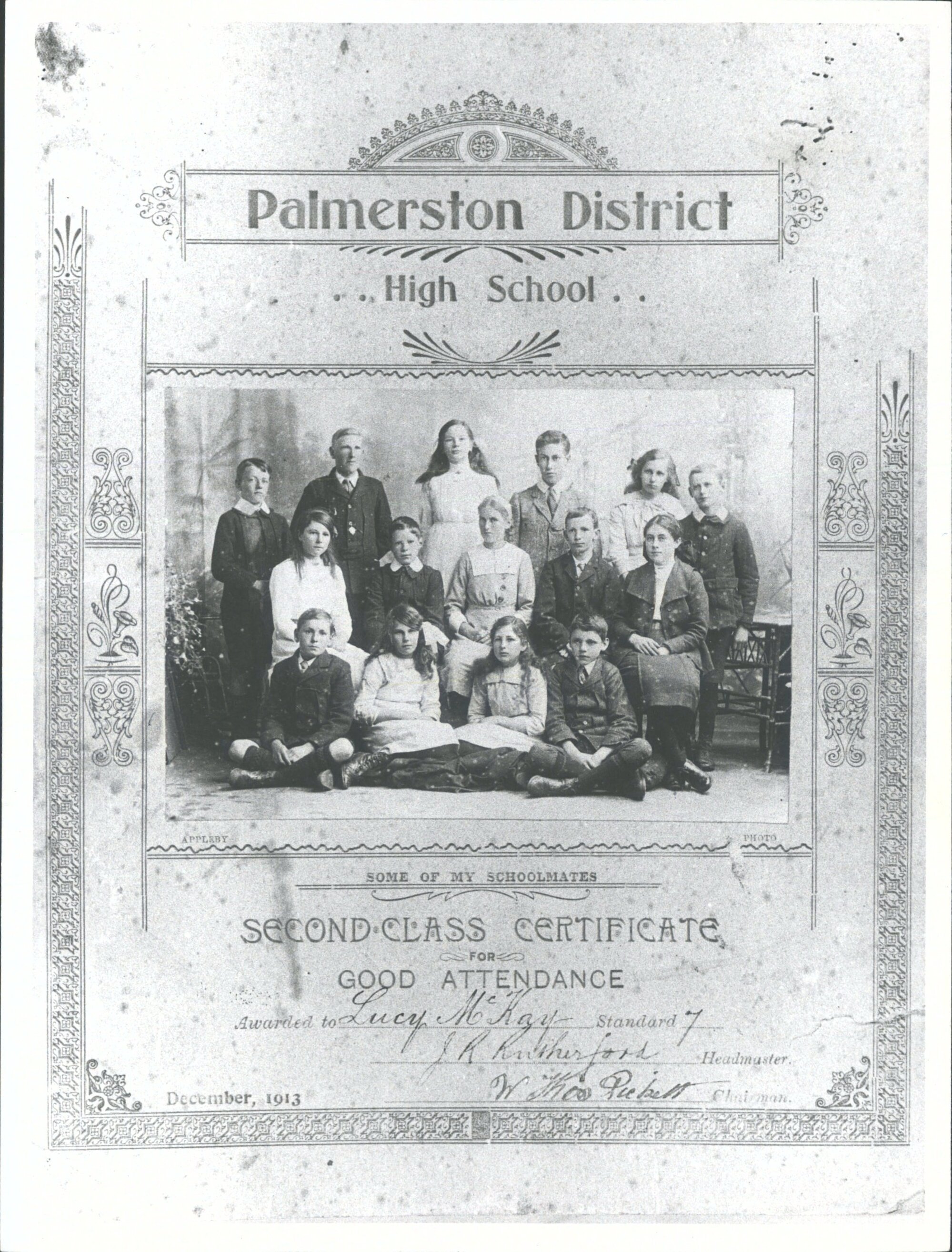 Palmerston District High School second class certificate for good attendance