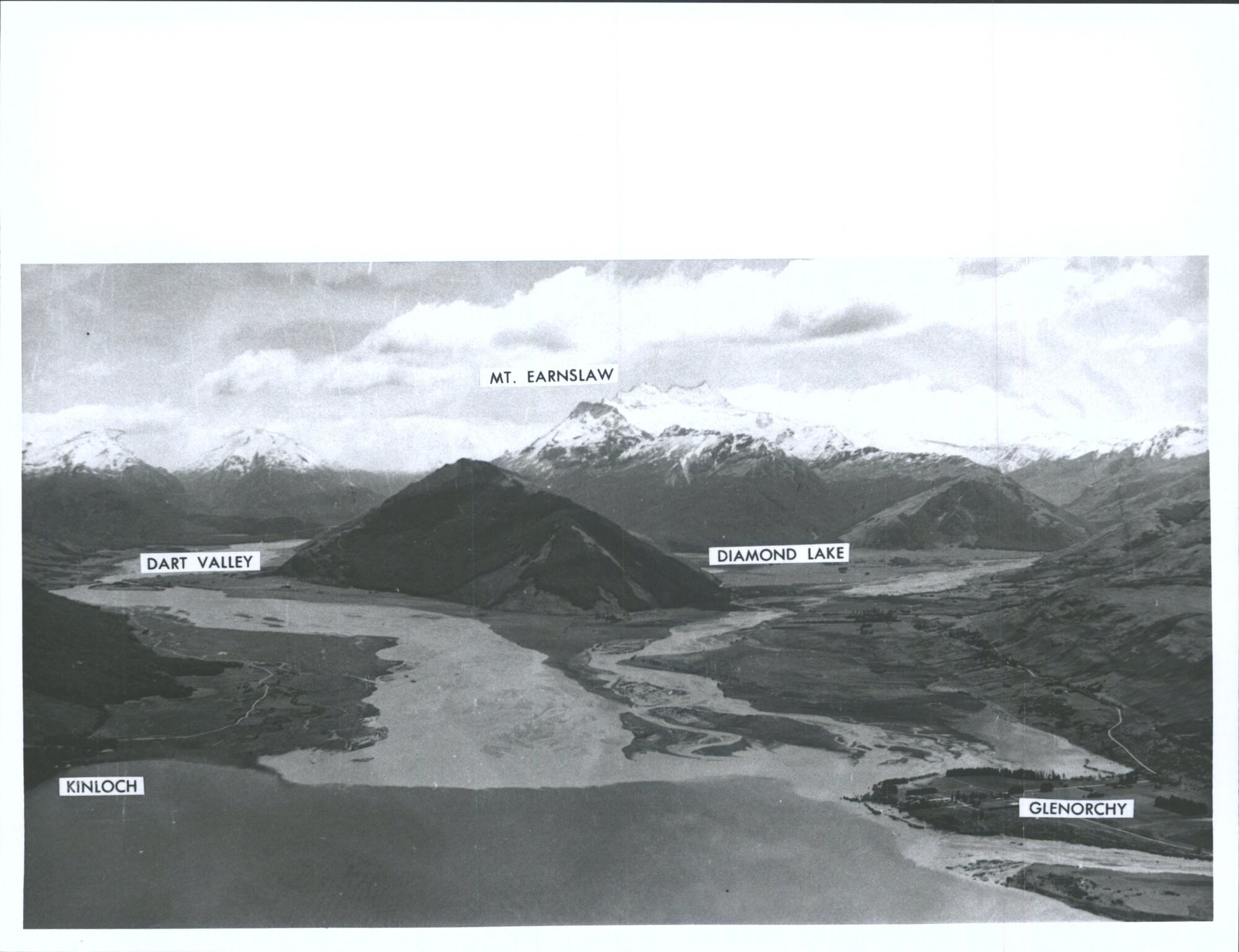 Aerial photograph showing extent of flooding at head of Lake Wakatipu