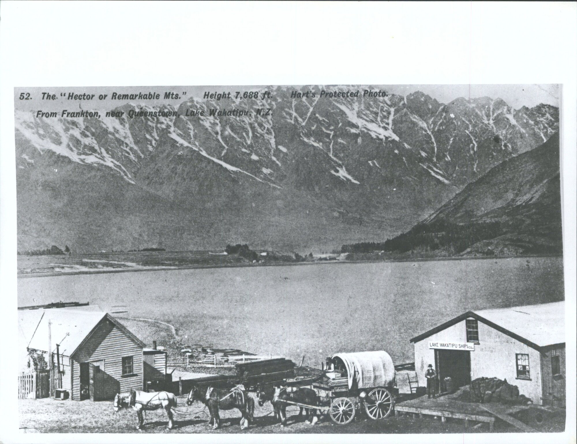 The "Hector or Remarkable Mts." height 7,688ft, from Frankton, Near Queenstown, Lake Wakatipu, N.Z.