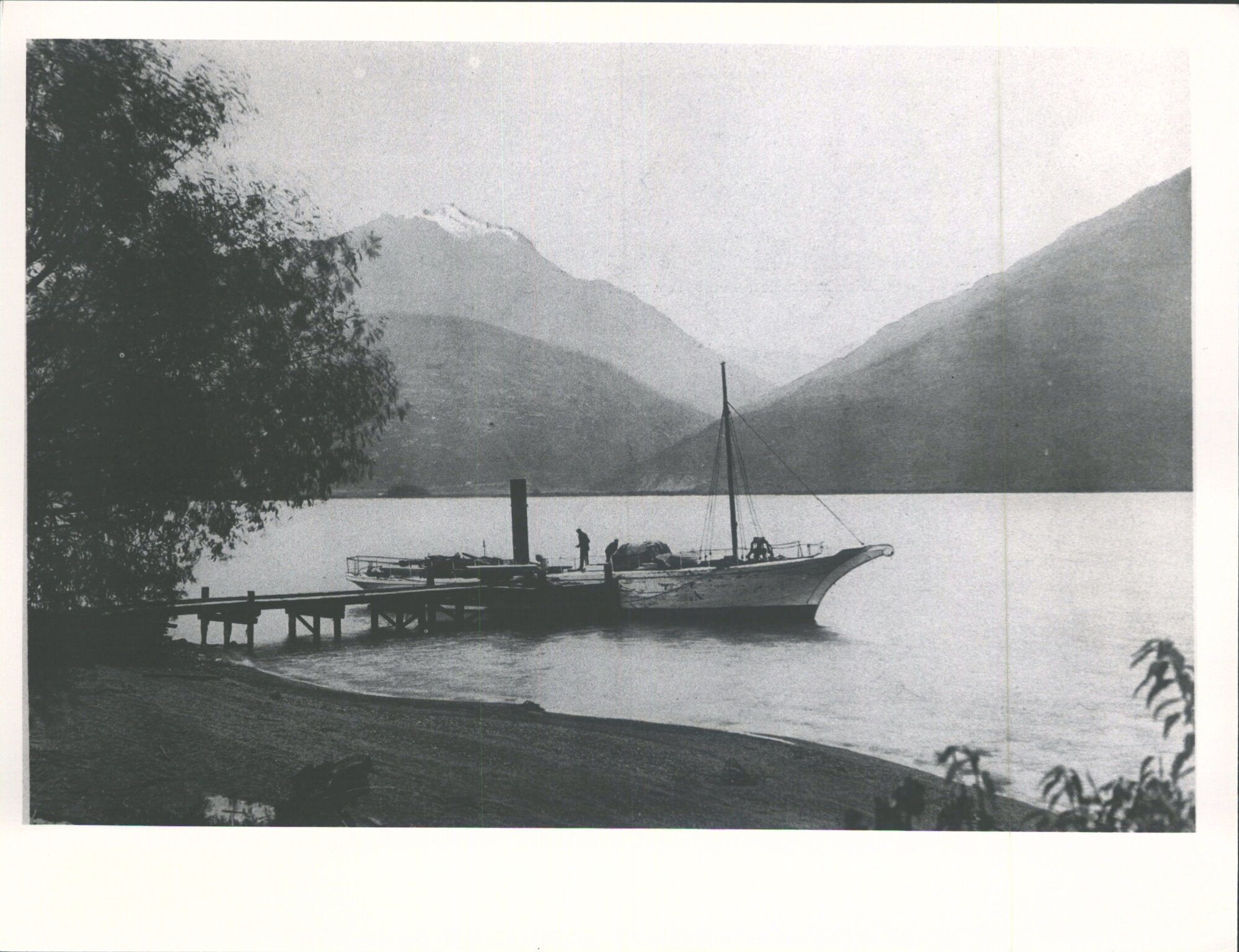 The Charming Mountain &amp; Lake Scenery of Otago: Mr Allan's (S.S. Makarora) at the wharf, head of Lake Wanaka