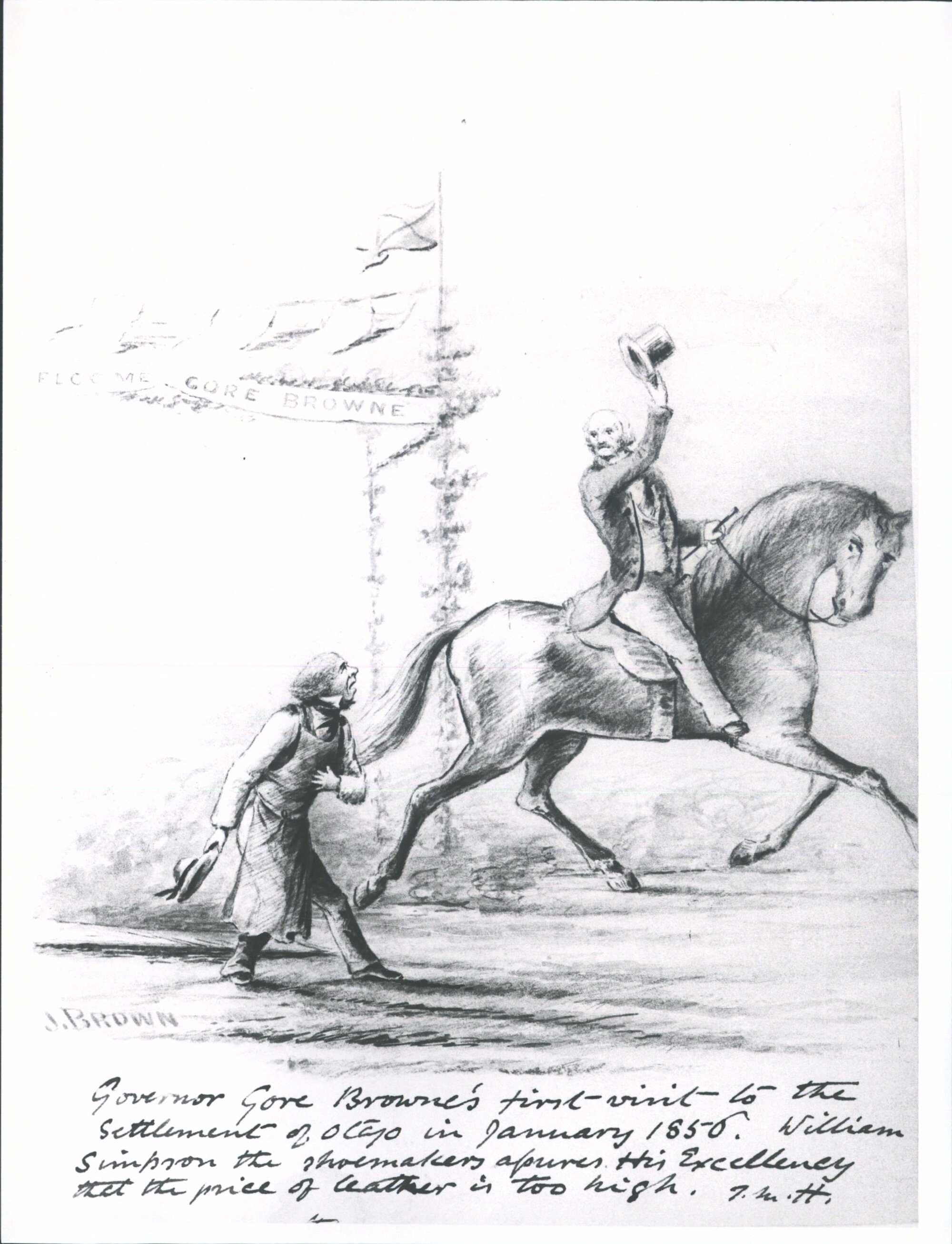 Governor Gore Browne's first visit to the settlement of Otago in January 1856. William Simpson the shoemakers assures His Excellency that the price of leather is too high