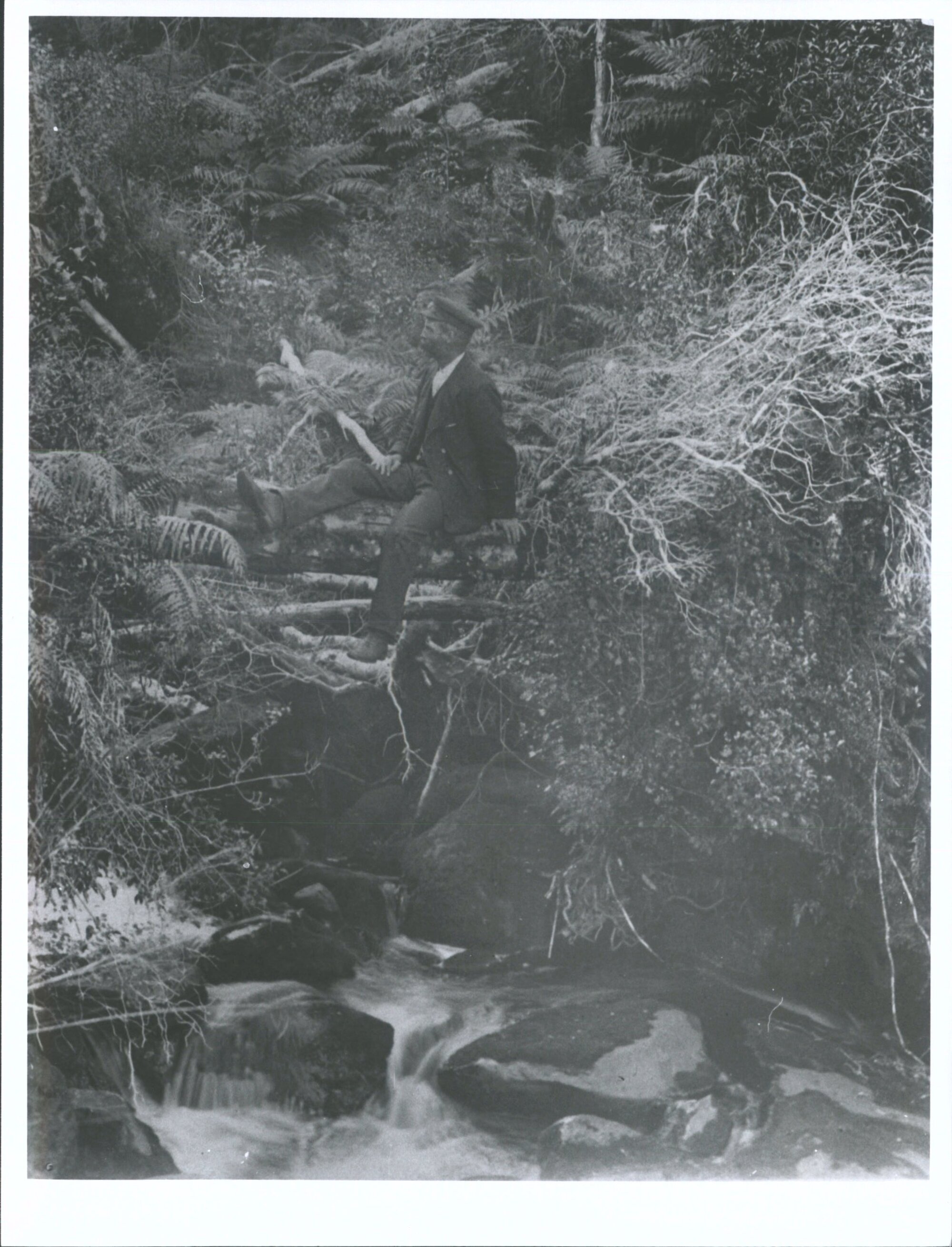 A man sits over a Waterfall on Sawmill Creek