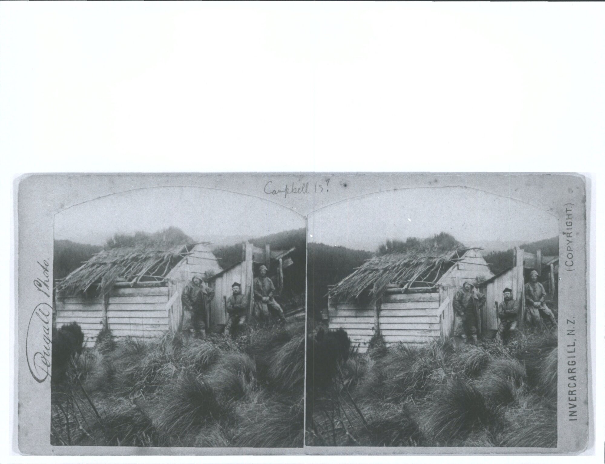 3 Men outside Hut on Campbell Island