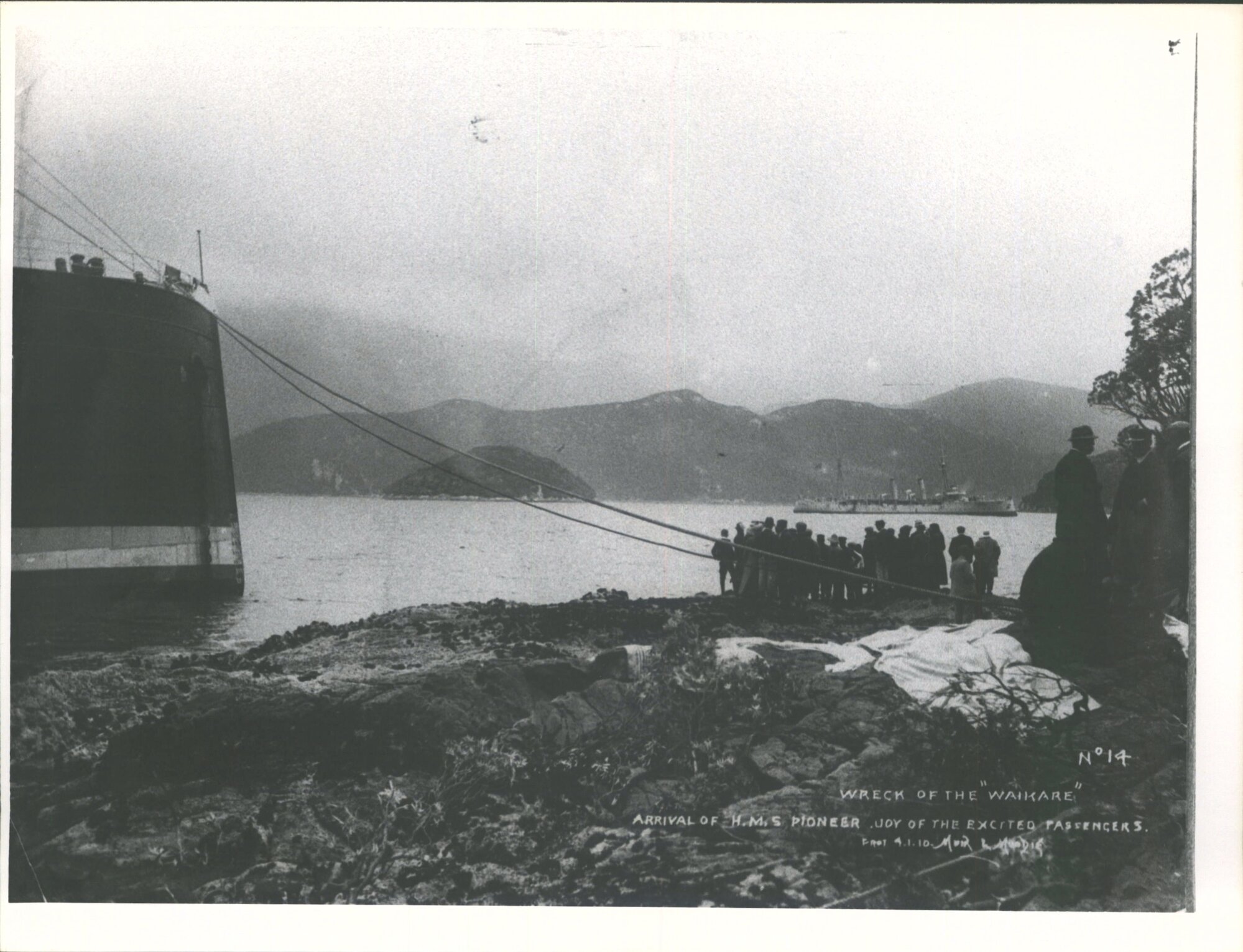 Waikare (ship) wrecked Dusky Sound 4-1-10 'Arrival of H.M.S. Pioneer. Joy of excited passengers'