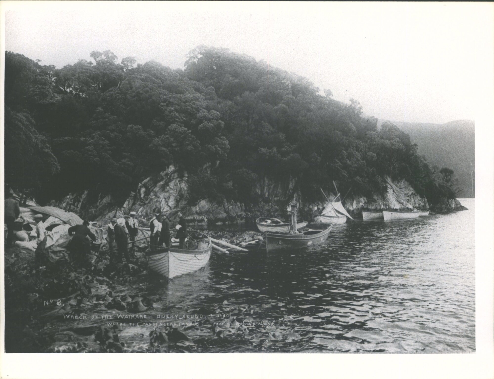Waikare, wrecked, Dusky Sound 4-1-1910 'Where the passengers landed'