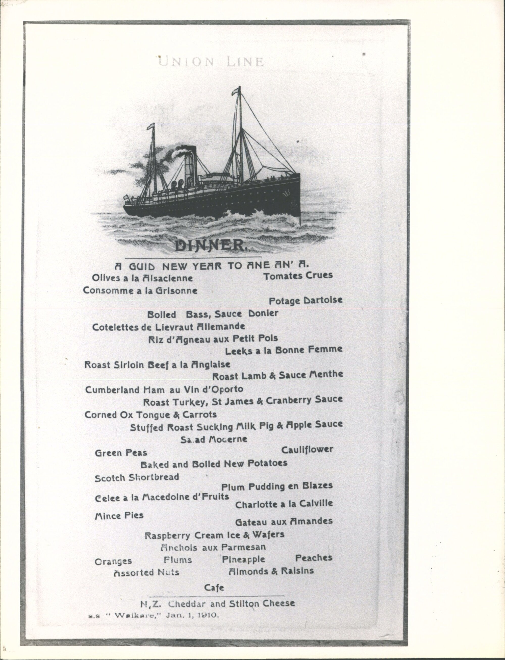Waikare (ship) dinner menu Jan 1 1910