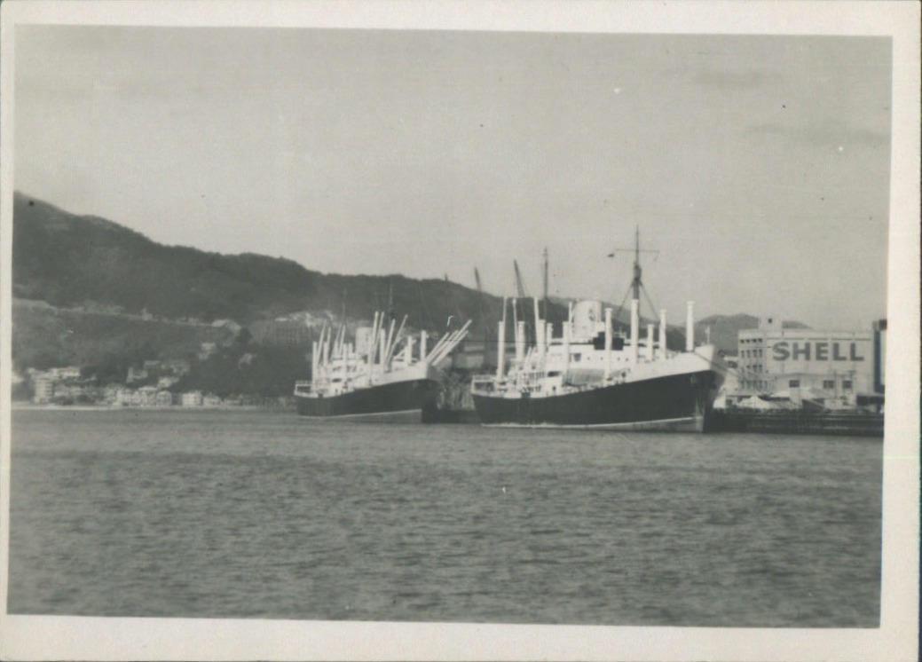 MV Haparangi (nearest camera) and sister MV Hurunui, Aotea Quay, Wellington Sept 1950 (long range camera) "