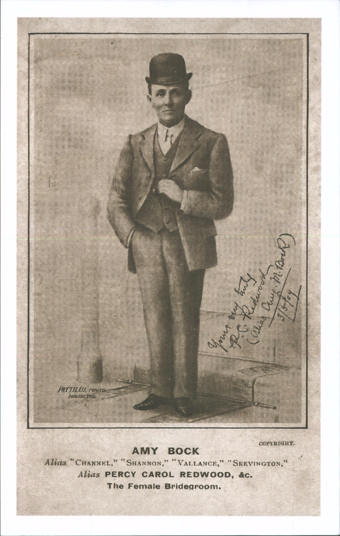 A caricature of "Percy Redwood" the female bridegroom with signature produced at the time of the trial 1909