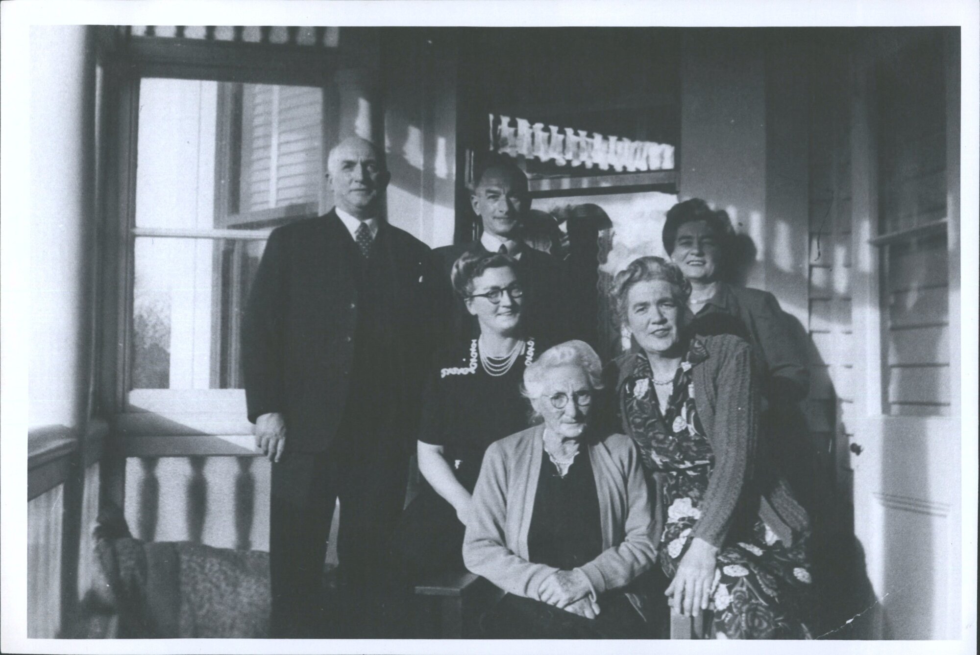 from left Sir Arthur, Edward, sisters Clarissa, Nesta, Cicely (at rear) Mrs Tyndall in foreground
