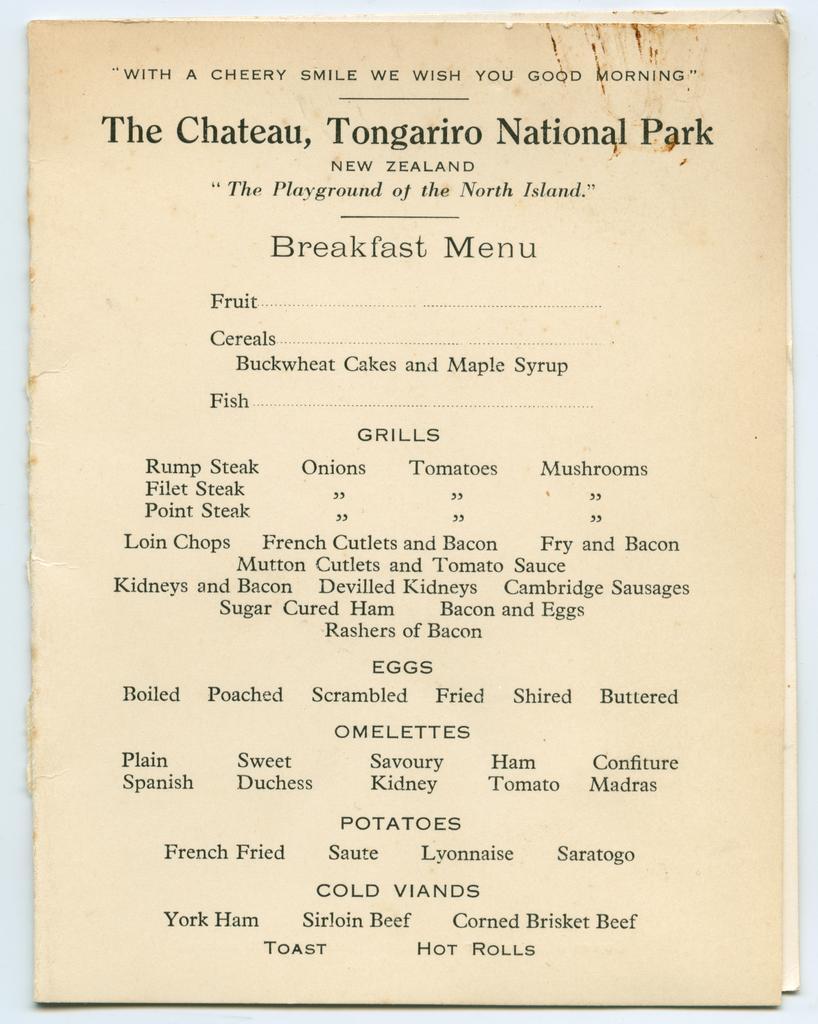 Breakfast menu for the opening of the Chateau Tongariro