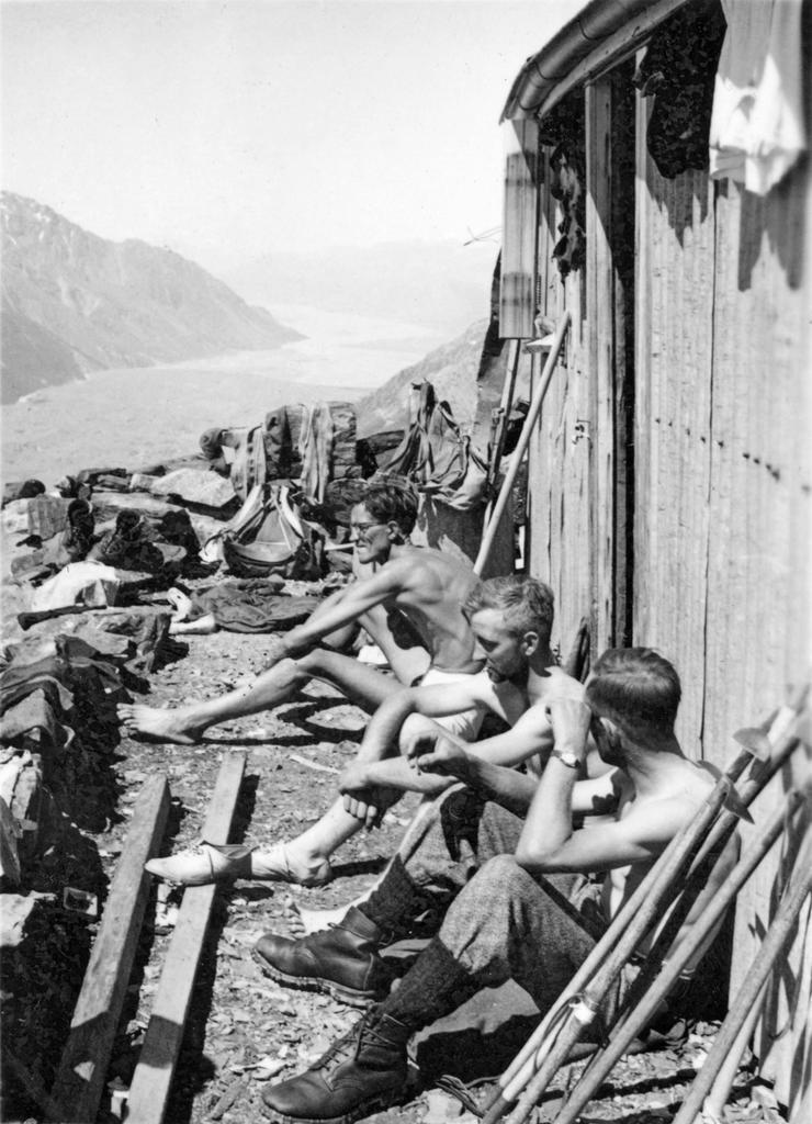 'Frank Gillett, Tom Newth at Haast Hut, December 1939'