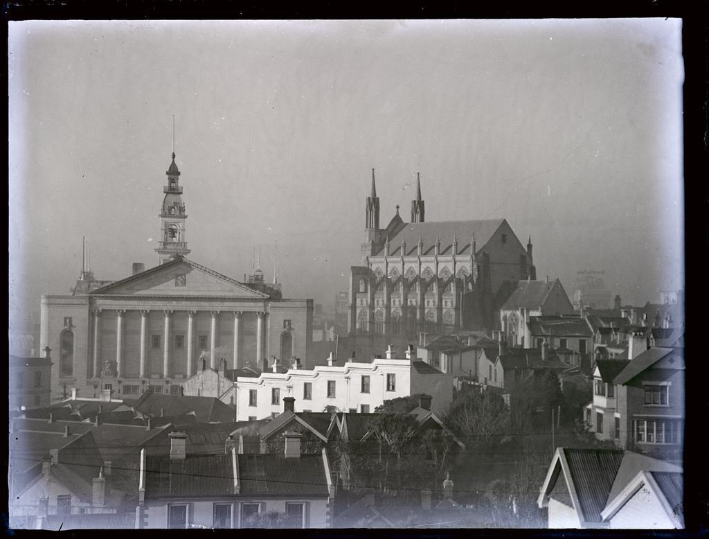 View looking south towards the Dunedin Town Hall and St Paul's Cathedral, Dunedin