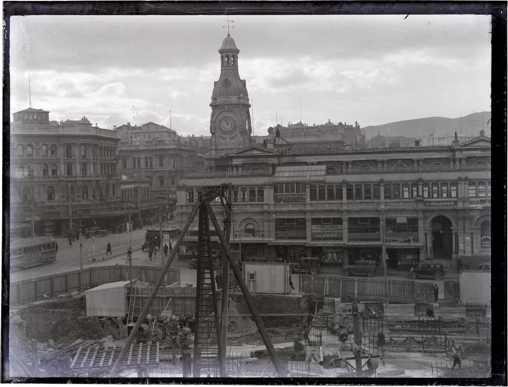 Chief Post Office construction site, and Stock Exchange Buildings, Dunedin