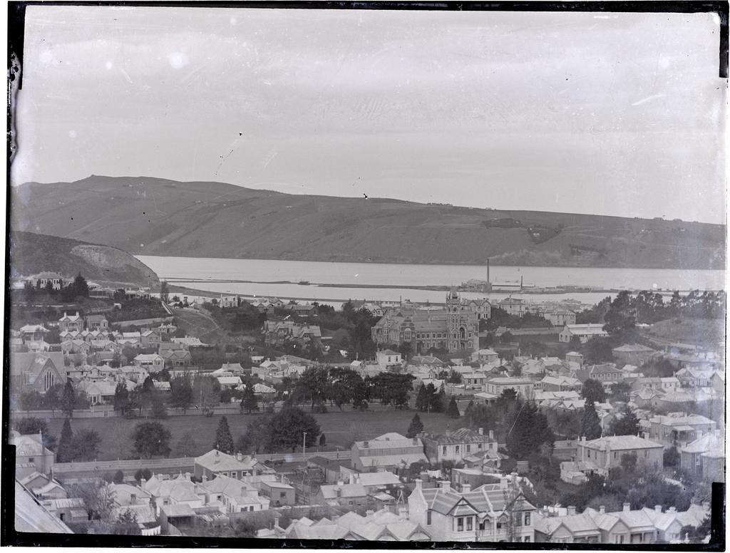 View across North Dunedin to Otago Peninsula, including North Ground and University of Otago buildings