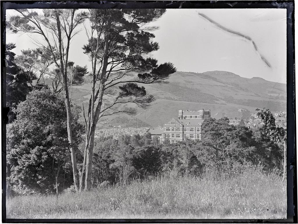 View towards the Knox College buildings and across North East Valley to Mount Cargill, Dunedin